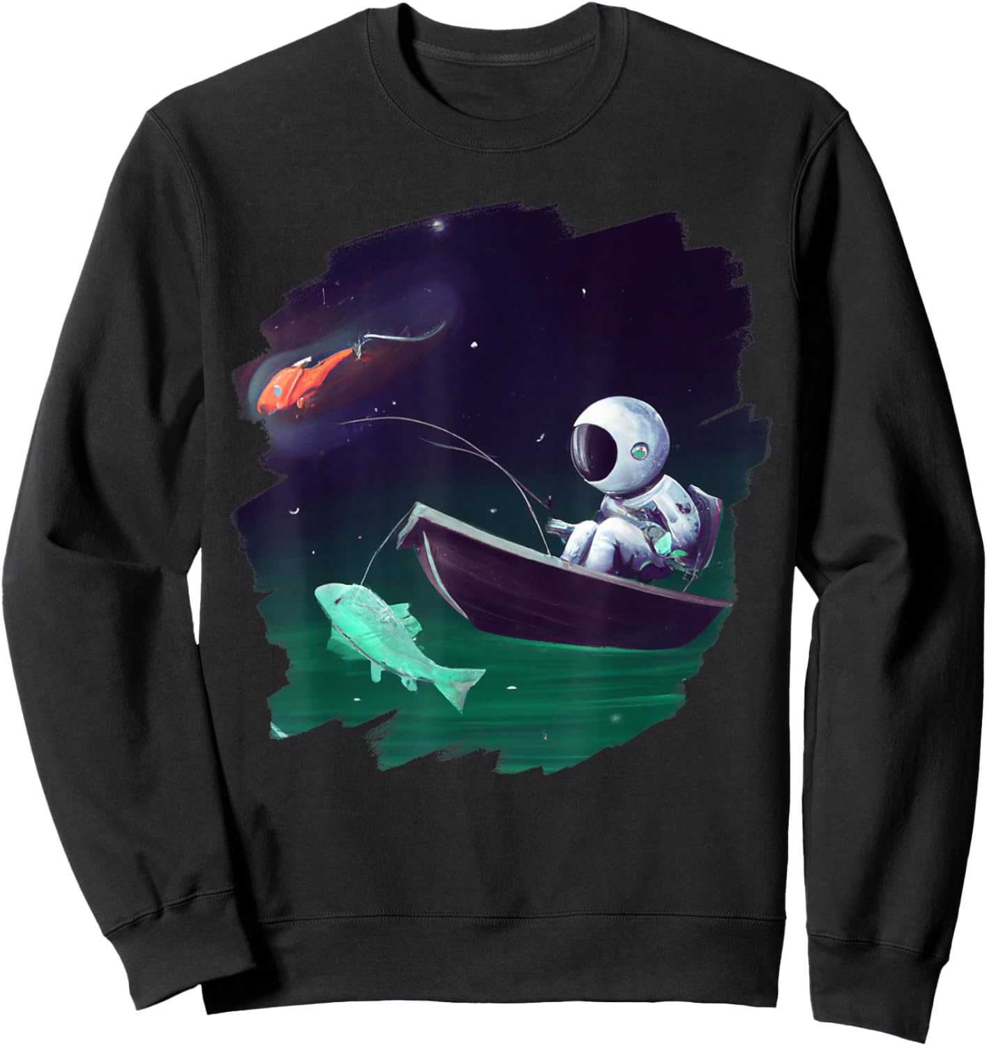 Astronaut Fishing Boat Space Ocean Lake Cool Fish Artistic Sweatshirt - Sweatshirt | Black