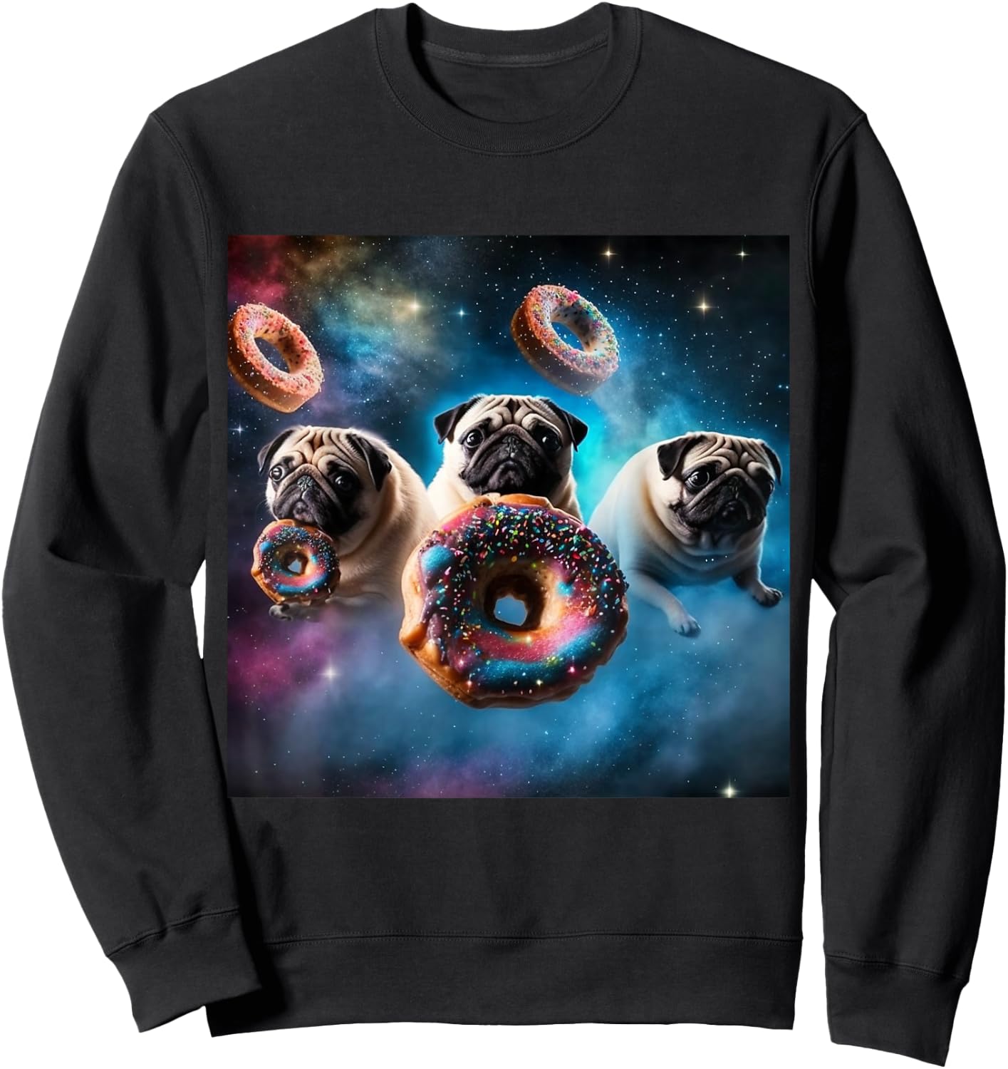 Pugs in Space with Donuts Cute Pug Boys Girls Men Women Sweatshirt - Sweatshirt | Black