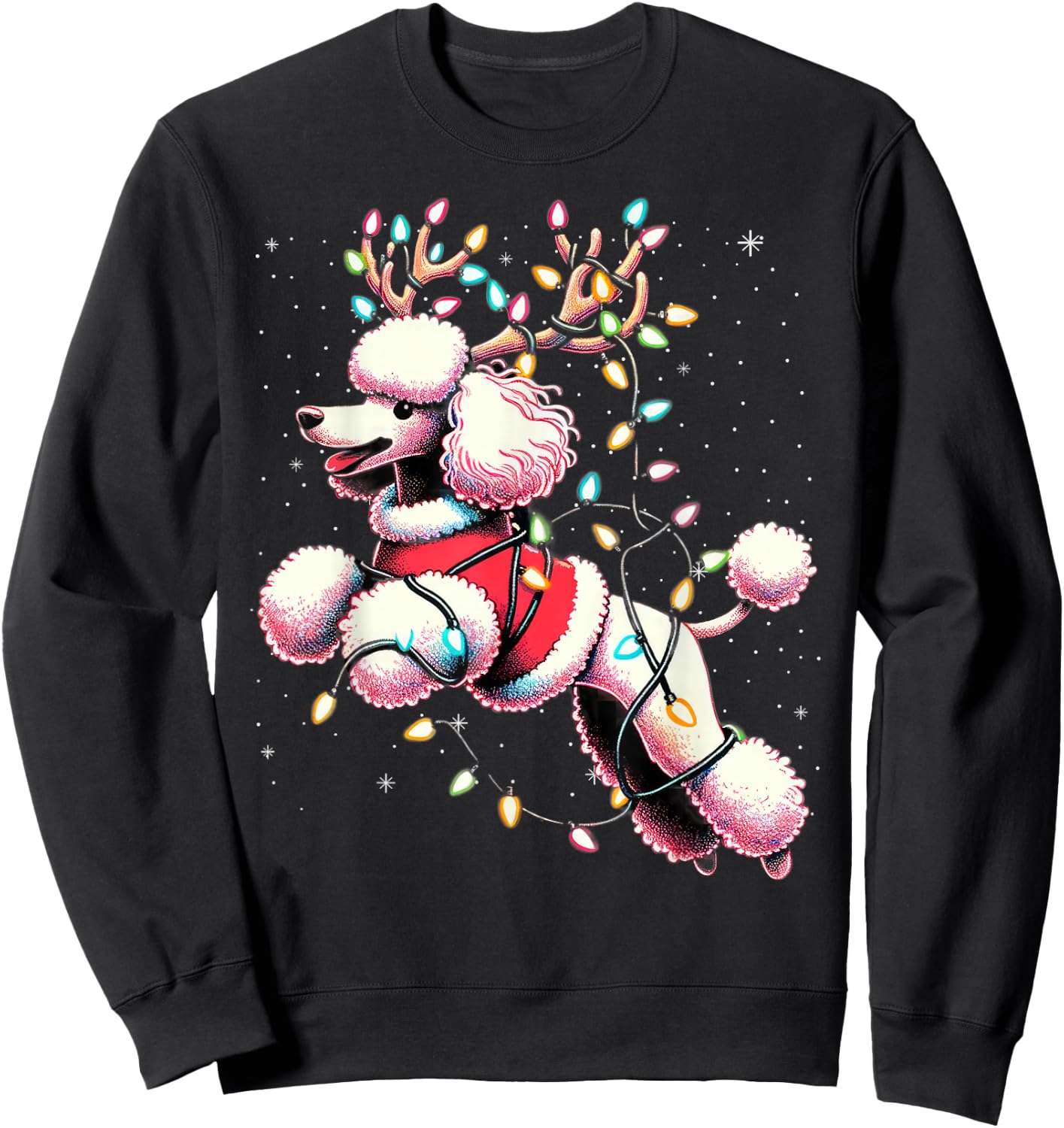 Poodle Santa Christmas Tree Lights, Funny Ugly Pajama Women Sweatshirt - Sweatshirt | Black