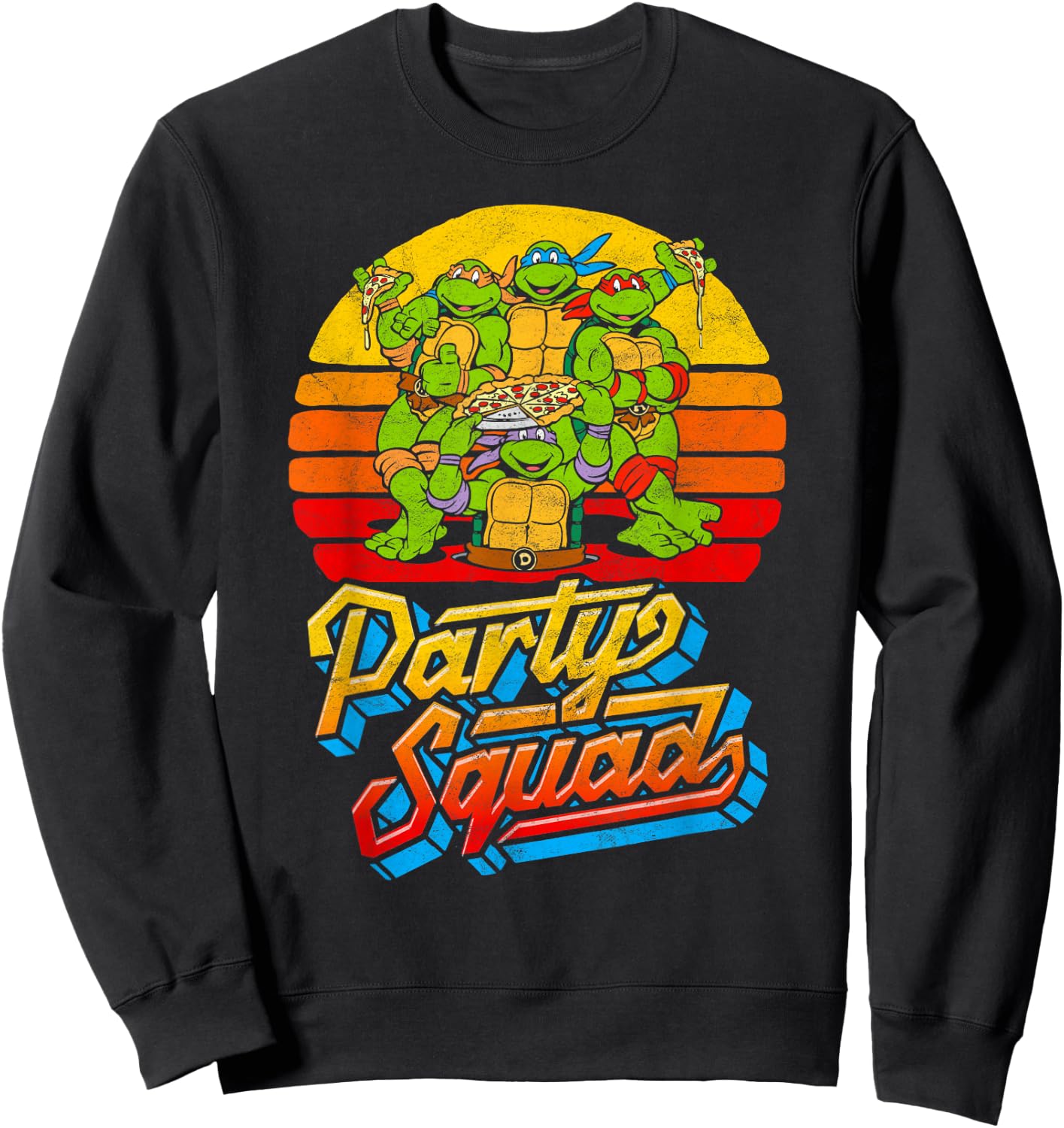 Party Squad! TMNT Vintage 80s Pizza Friends Distressed Sweatshirt - Sweatshirt | Black