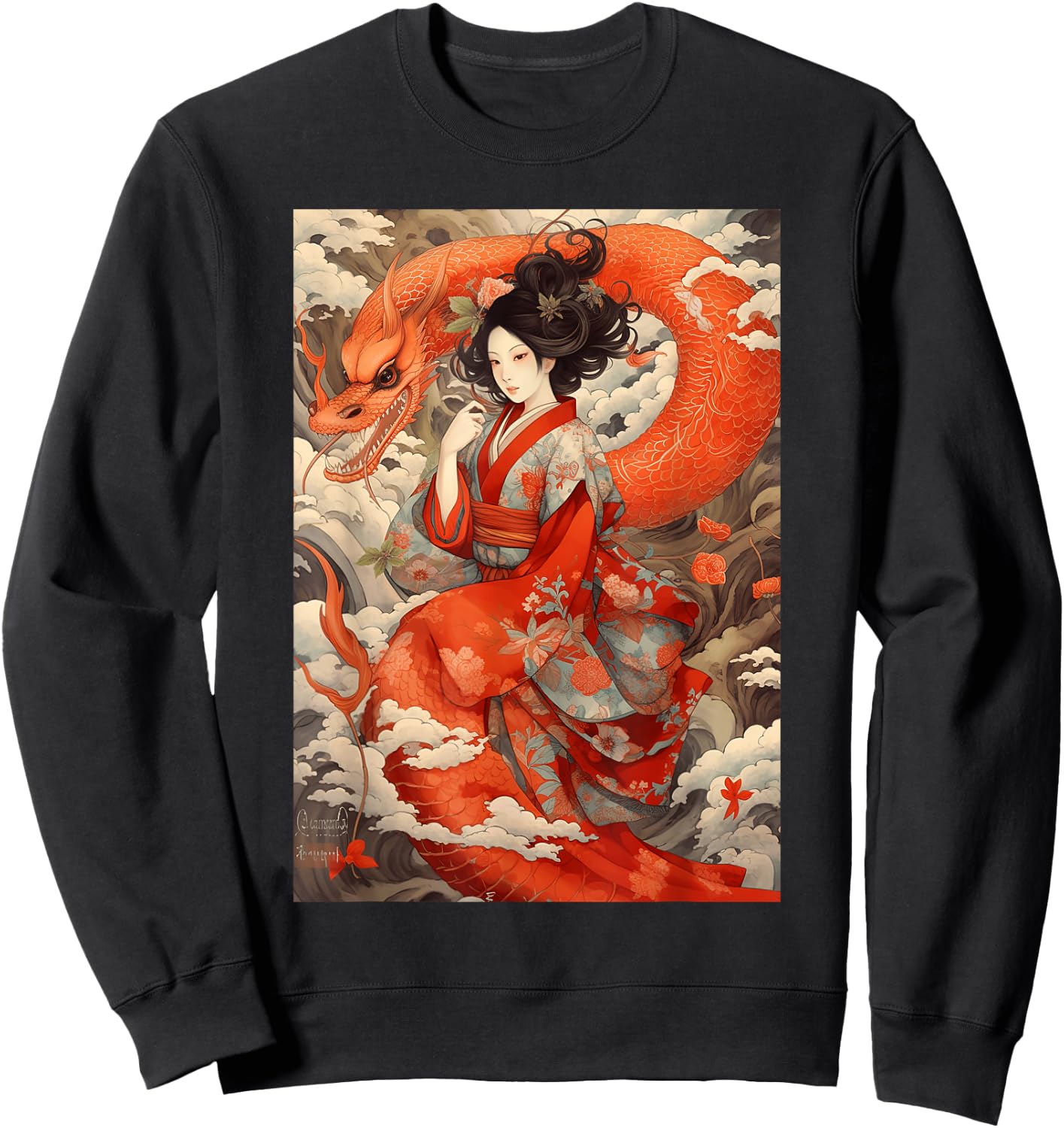 Japanese Geisha Kawaii In Kimono Dragon Japan Sweatshirt - Sweatshirt | Black