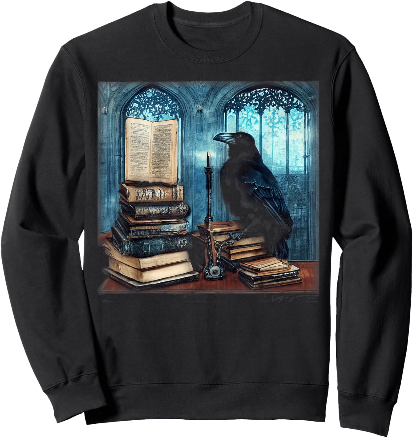 Gothic Art Raven Sitting On A Stack of Old Books Sweatshirt - Sweatshirt | Black
