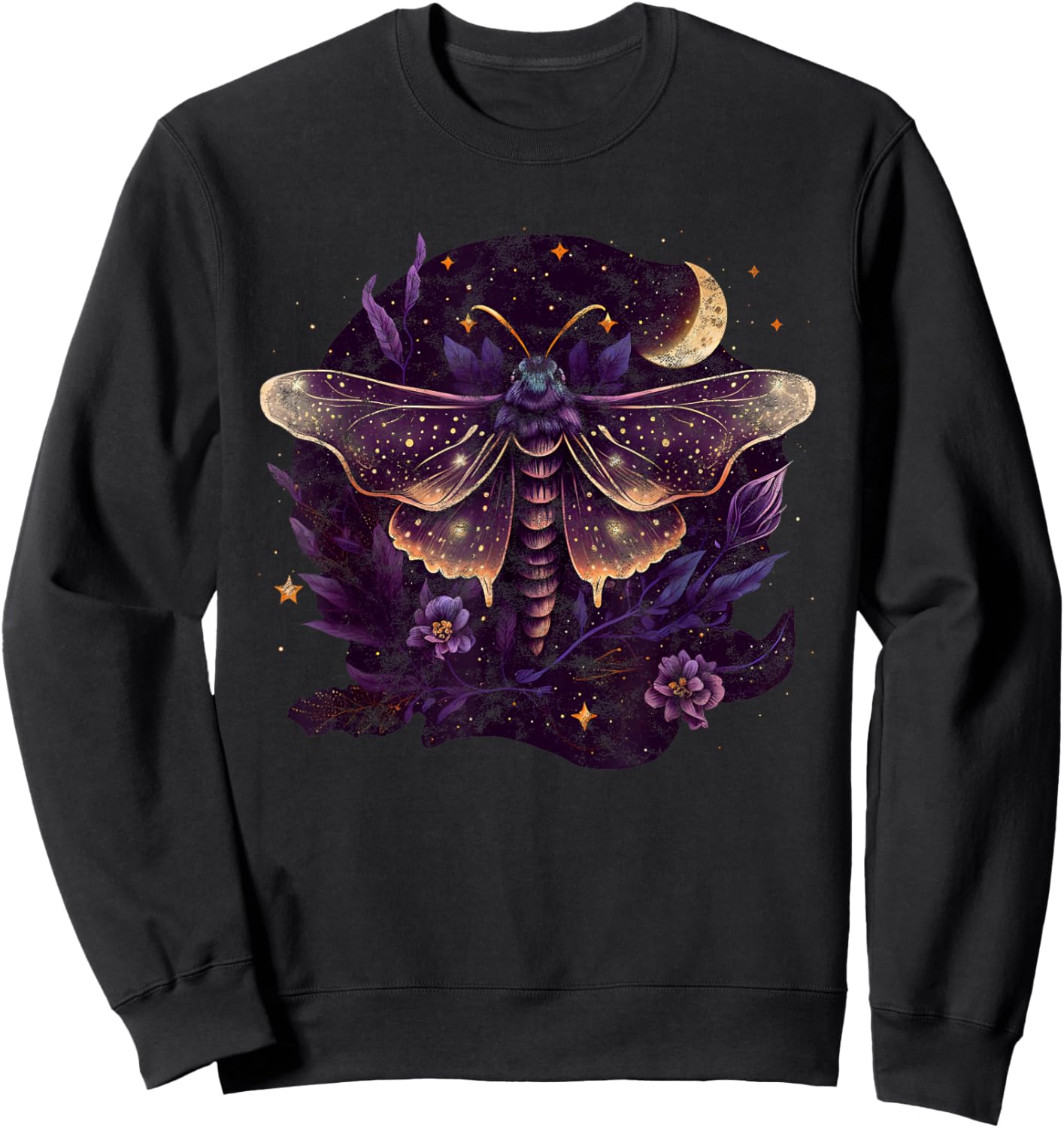 Moth, moon, butterfly, flowers, stars, night, queen, gothic Sweatshirt - Sweatshirt | Black