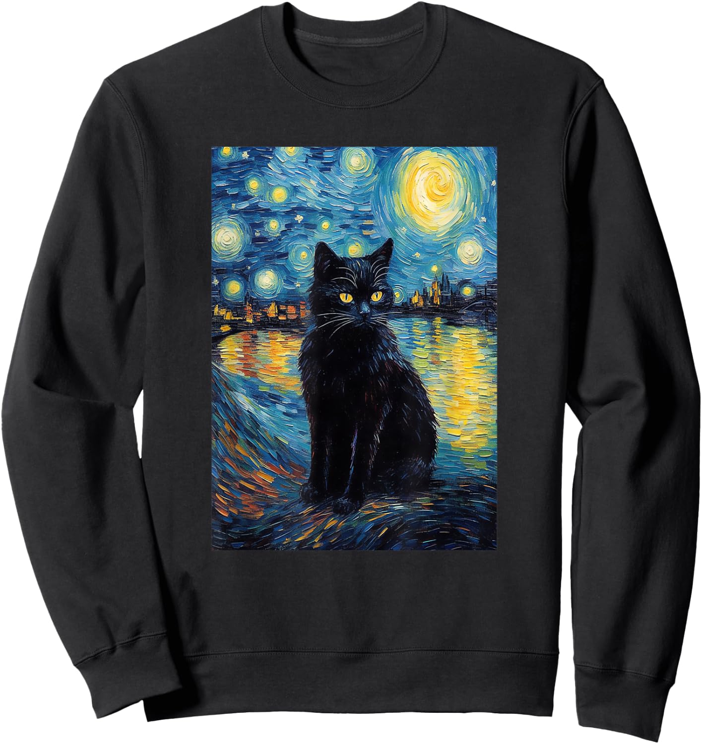 black cat Painting art Starry Night kitty kitten Van Gogh Sweatshirt - Sweatshirt | Black