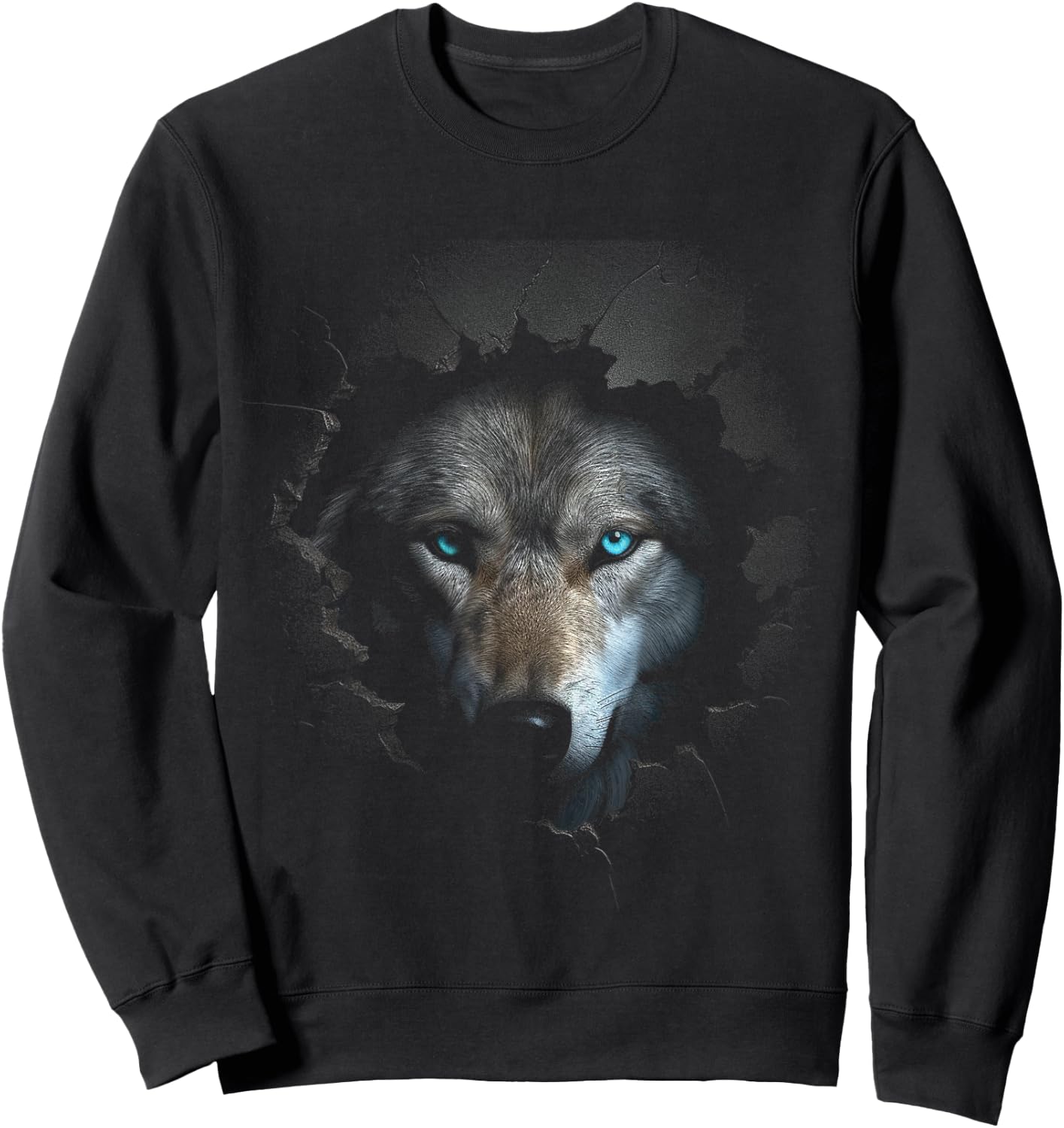 Wolf Blue Eyes Artwork | Wall Animal Motif Wolf Sweatshirt - Sweatshirt | Black