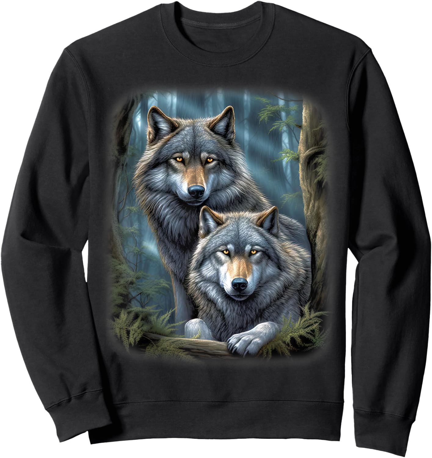 Wolf Wolves in Forest by Night Moon Fantasy Art Wildlife Sweatshirt - Sweatshirt | Black