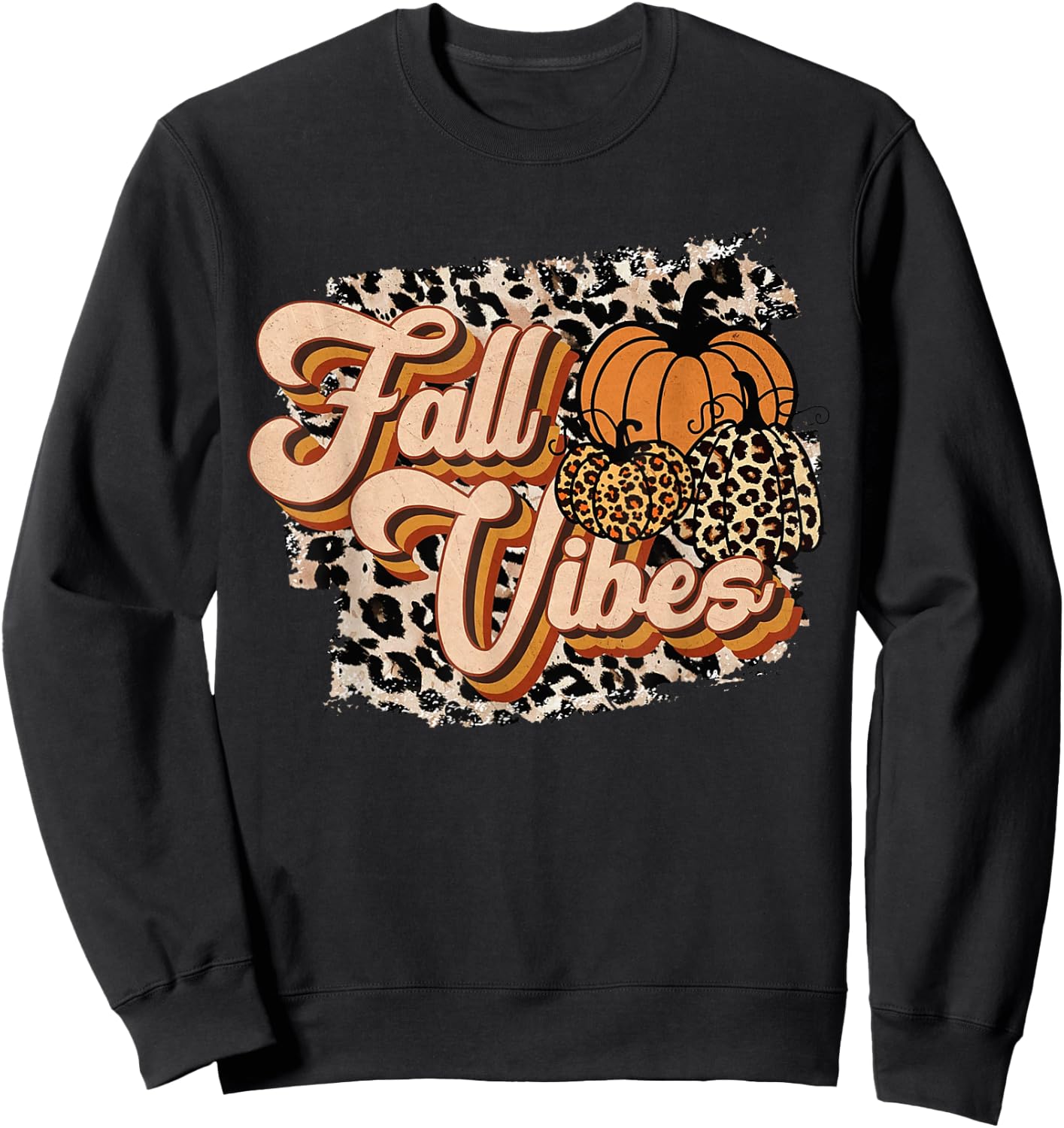 Fall Vibes Leopard Groovy Thanksgiving Autumn Girl Sweatshirt - Sweatshirt | Black