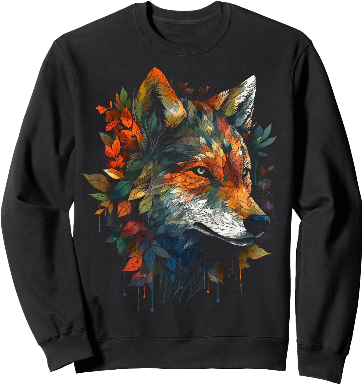 Wolf autumn leaves animal motif artwork - art animal wolf Sweatshirt - Sweatshirt | Black