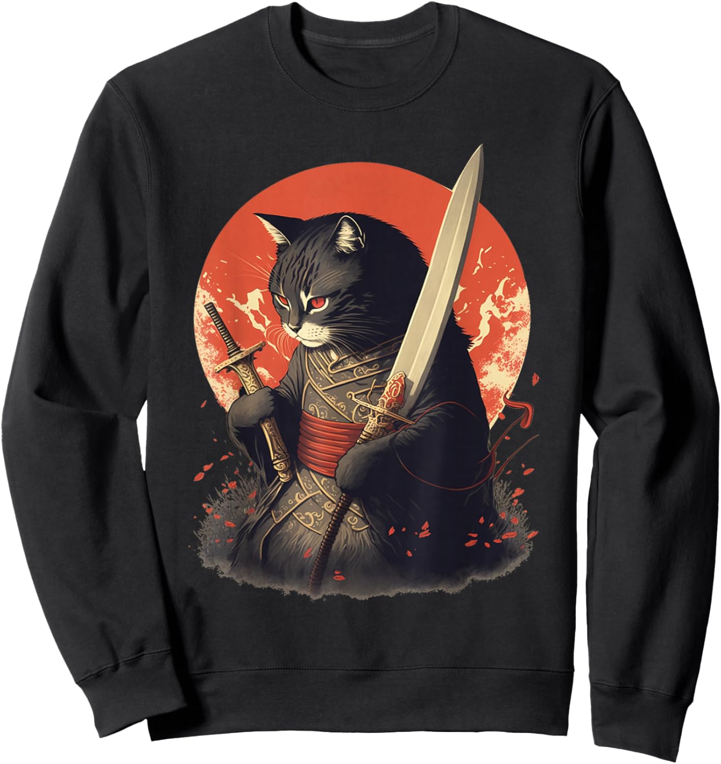 Retro Japanese Samurai Ninja Cat Kawaii Tattoo Graphic Style Sweatshirt - Sweatshirt | Black