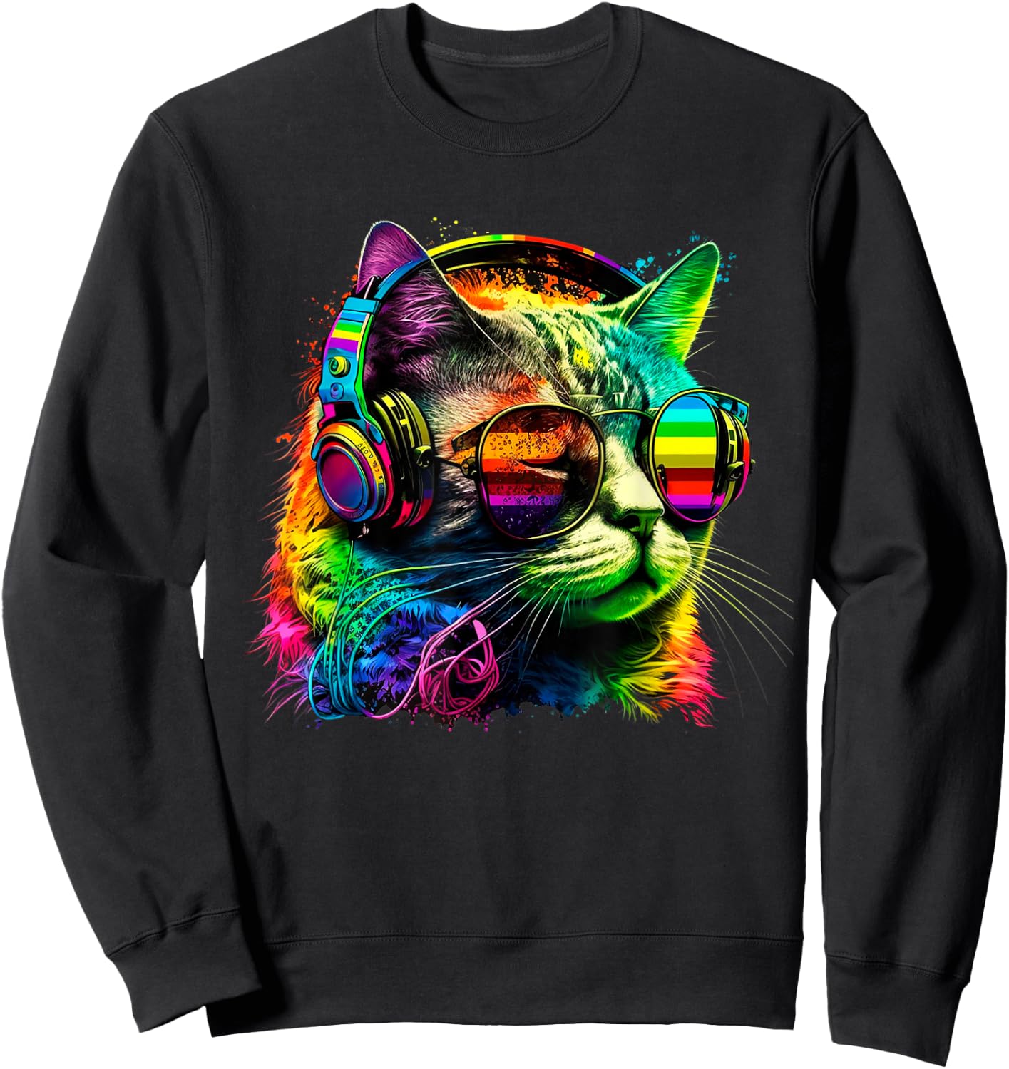 Rainbow DJ Cat with Sunglasses Headphones Music Funny Kitty Sweatshirt - Sweatshirt | Black