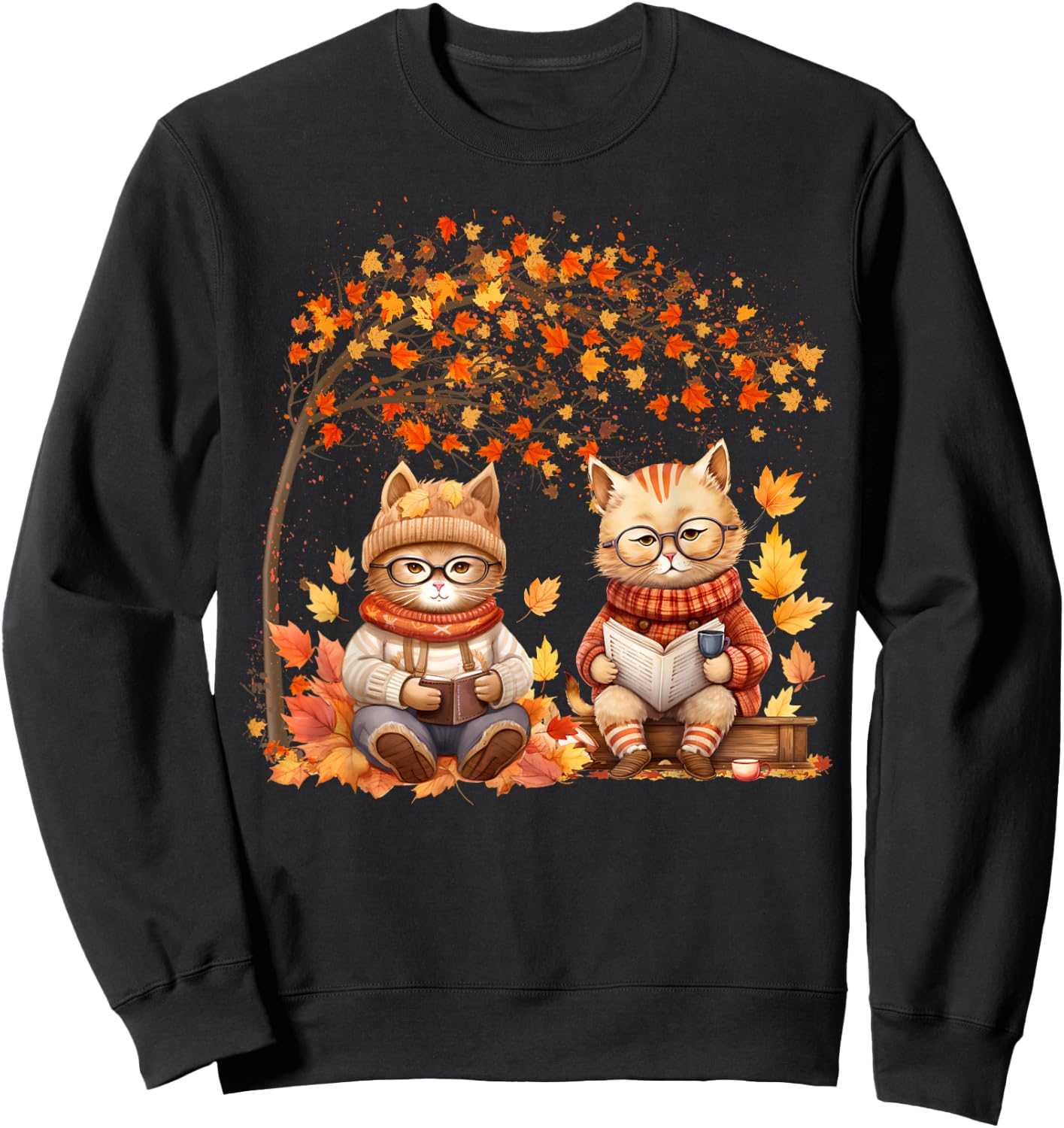 Cat Leaf Fall Hello Autumn Cat Kitten Lover Thanksgiving Men Women Kids Sweatshirt - Sweatshirt | Black