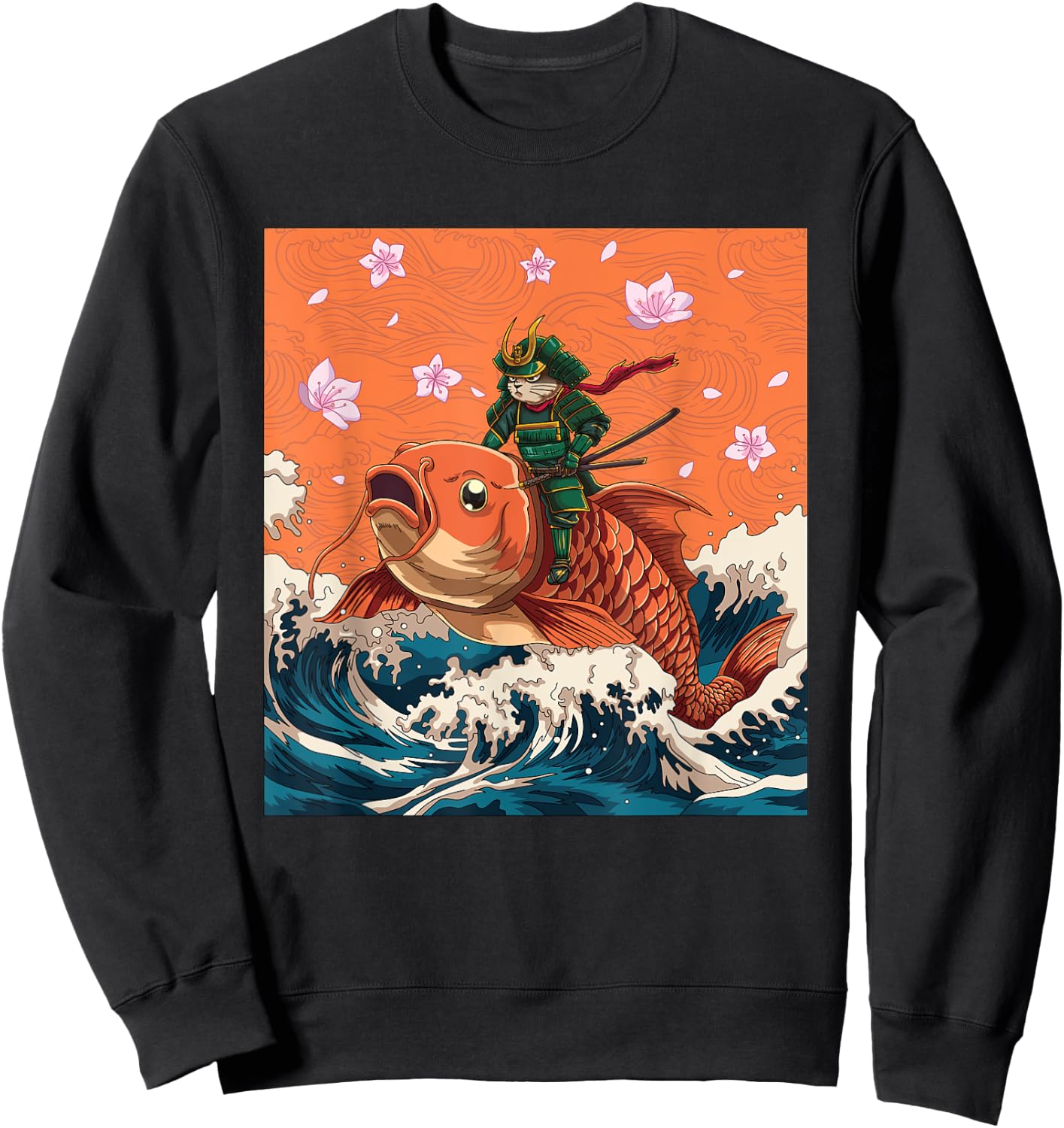 Vintage Japanese Samurai Neko Cat & Koi Fish | Ukiyo-e Style Men Women Sweatshirt - Sweatshirt | Black