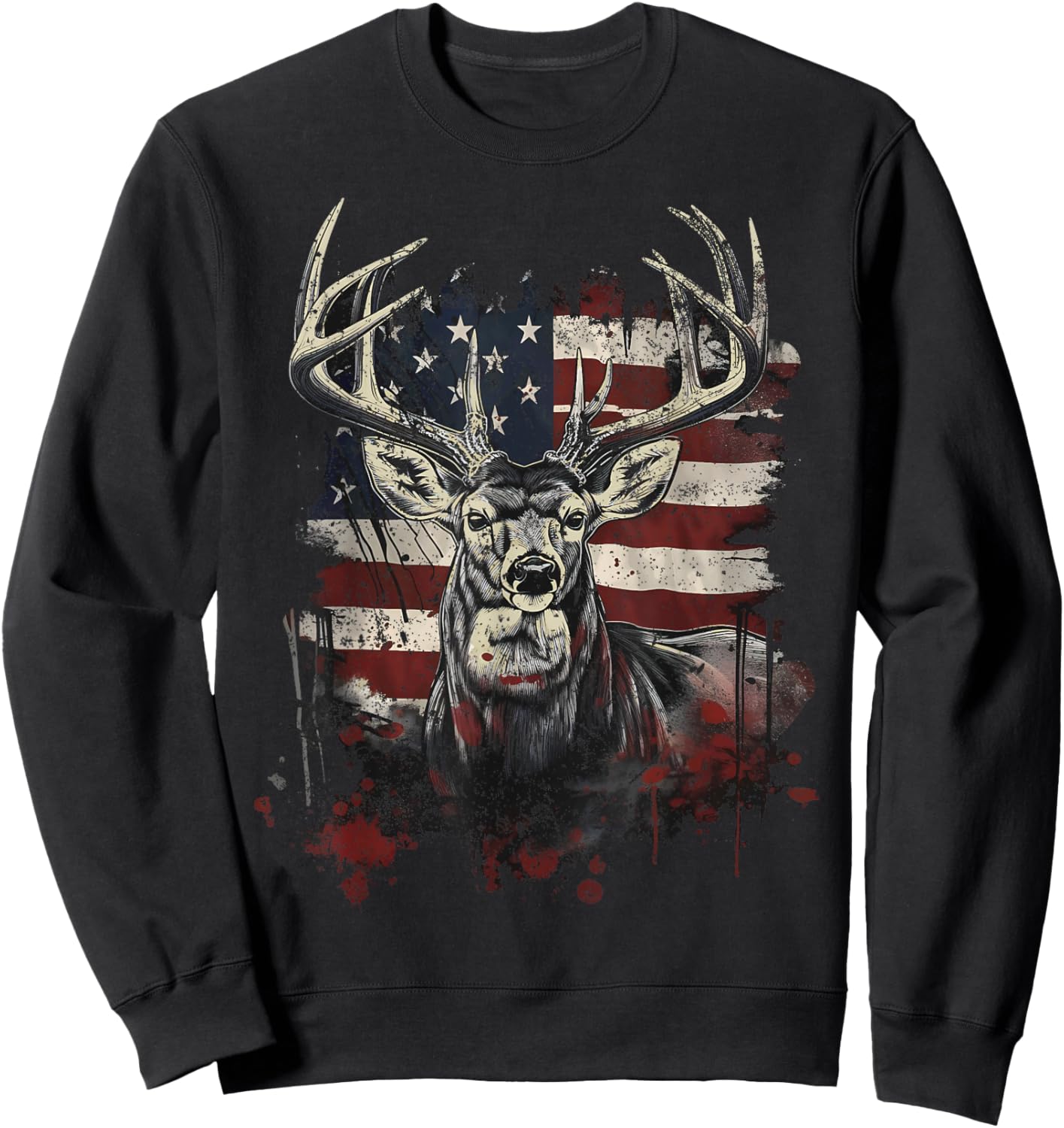 Buck White Tail Deer Hunting Hunter Distressed American Flag Sweatshirt - Sweatshirt | Black