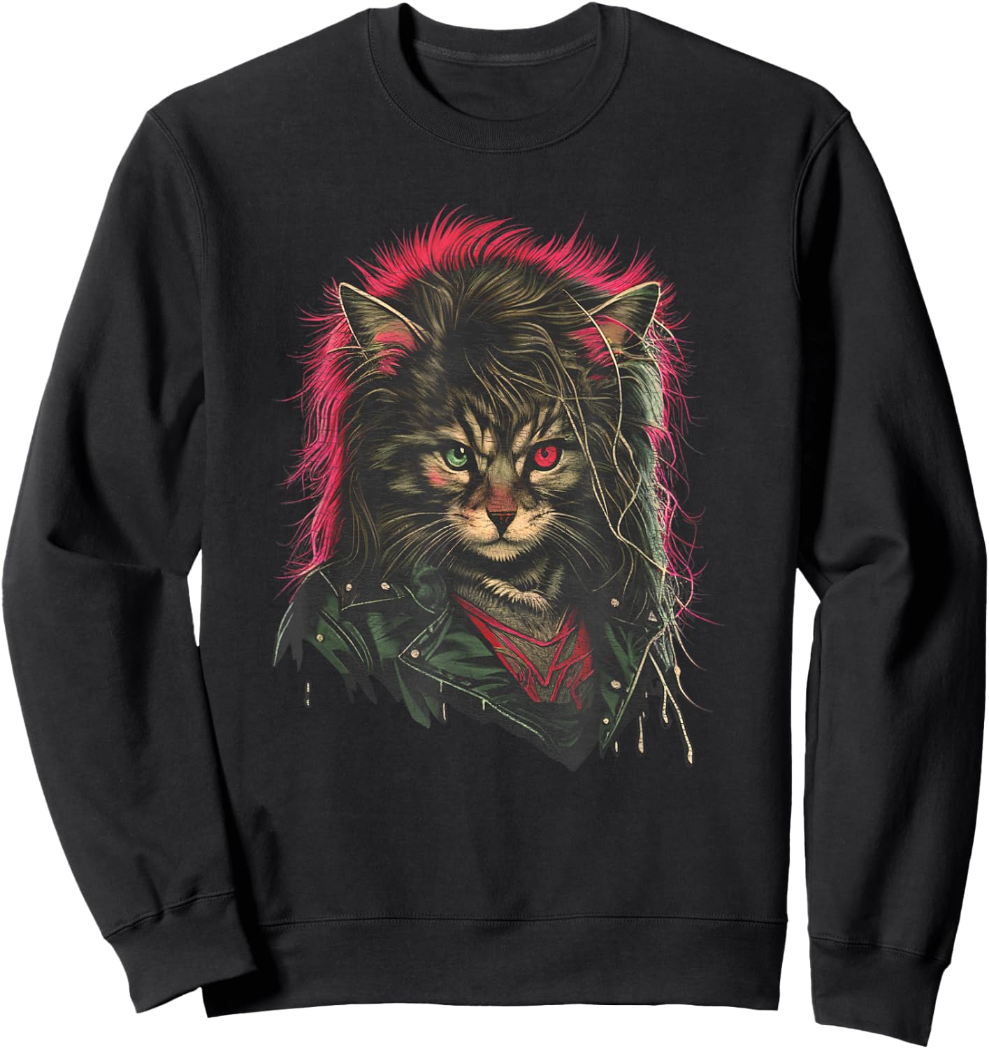 Heavy Metal Hair Glam Cat Retro Distressed 80s Men Women Sweatshirt - Sweatshirt | Black