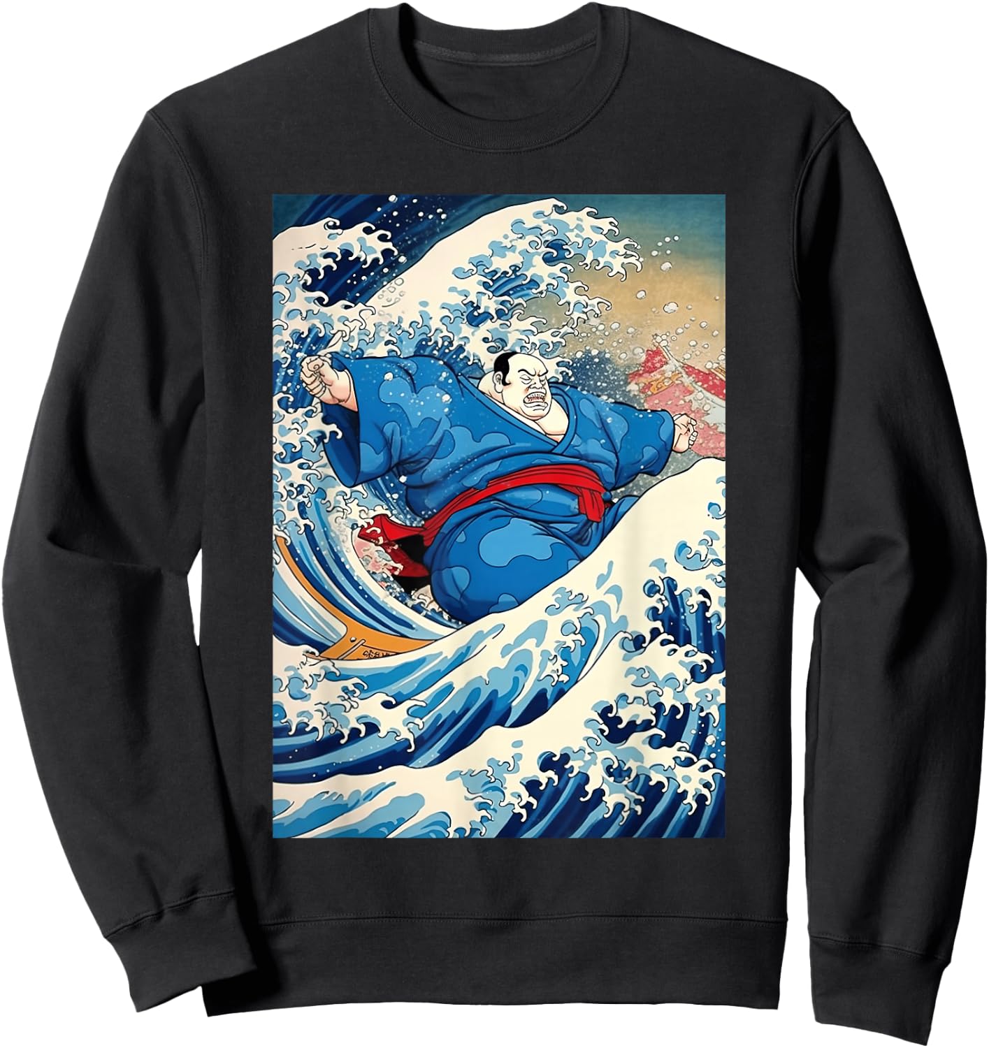 Funny Kanagawa Great Wave with Sumo Wrestler Surfing Sweatshirt - Sweatshirt | Black