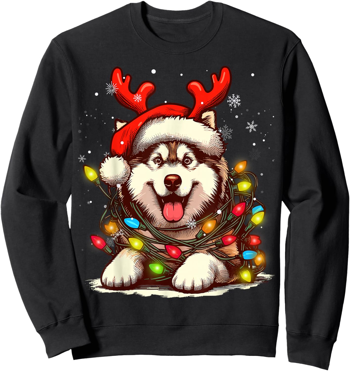 Siberian Husky Christmas Tree Lights Dog Santa Women Men Kid Sweatshirt - Sweatshirt | Black