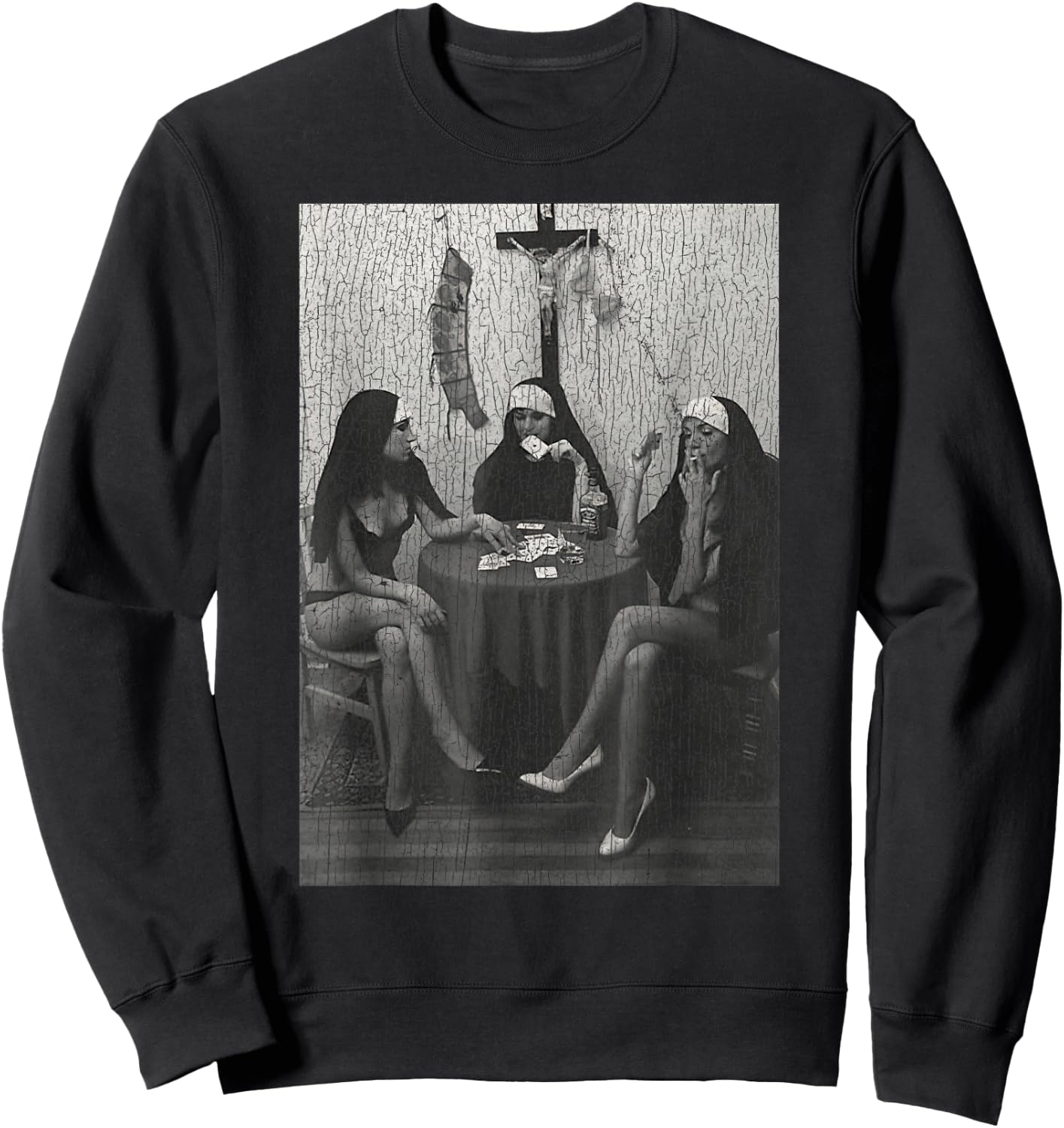 Vintage Nuns Naked Playing Card Smoking Sweatshirt - Sweatshirt | Black