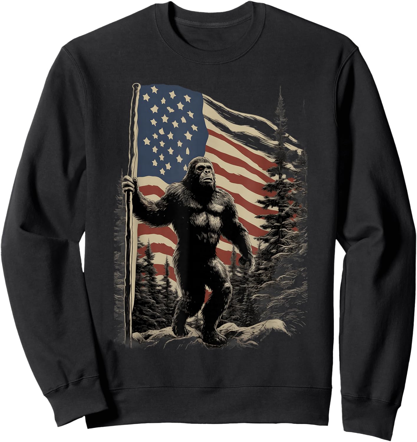 American Flag Bigfoot Patriotic Wilderness Forest Sweatshirt - Sweatshirt | Black
