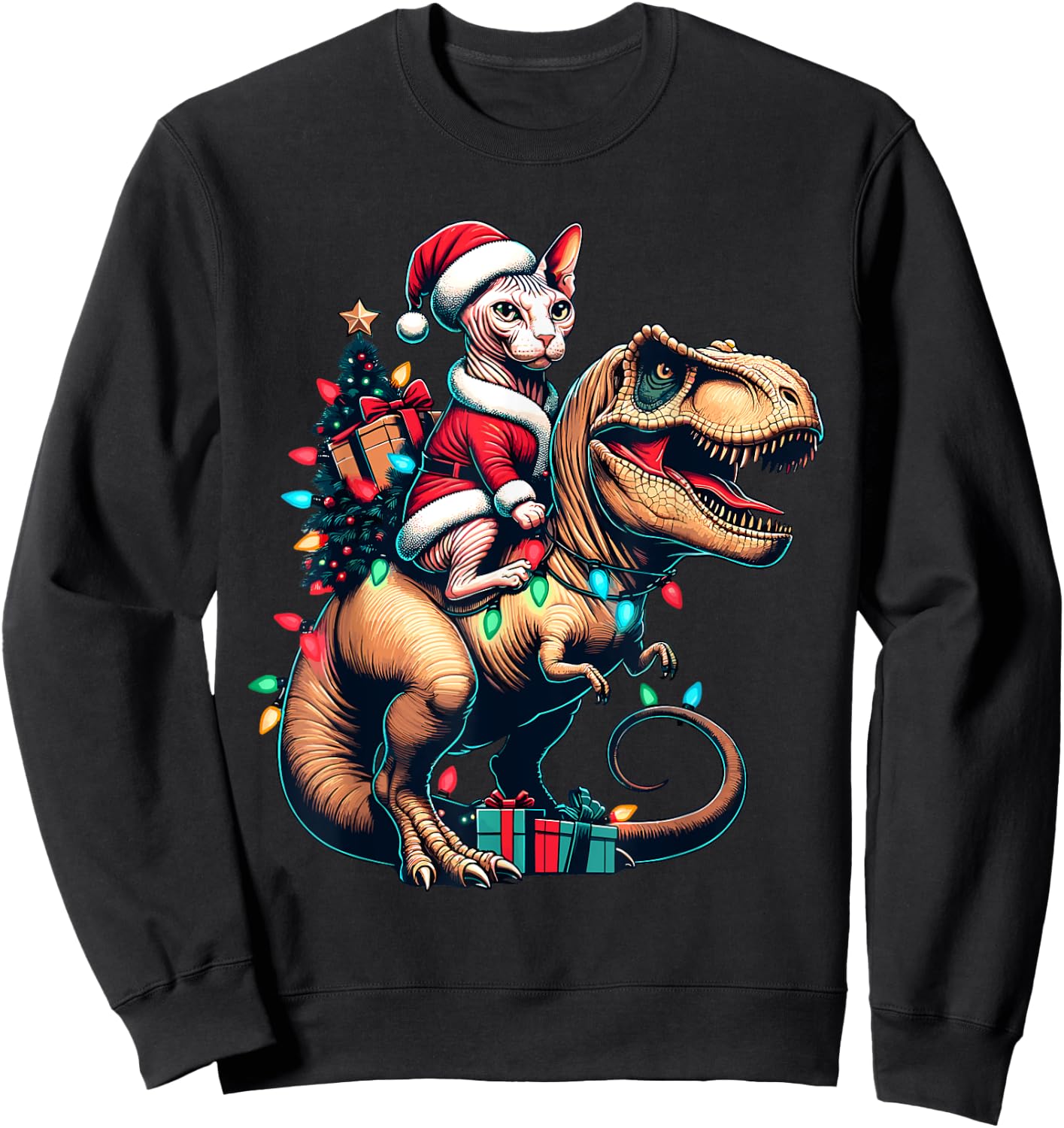 Funny Sphynx Cat Rides Santa T-Rex Vintage Christmas Sphynx Women Kids Sweatshirt - Sweatshirt | Black