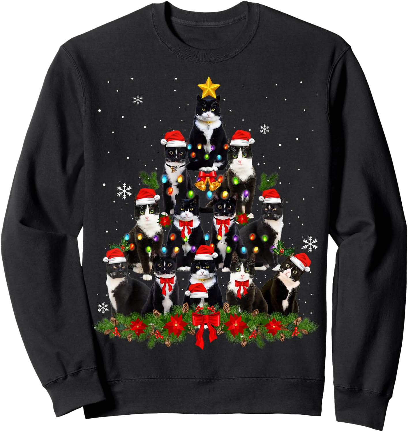 Tuxedo Cat Christmas Tree Tuxedo Cat Lights Xmas Matching Sweatshirt - Sweatshirt | Black