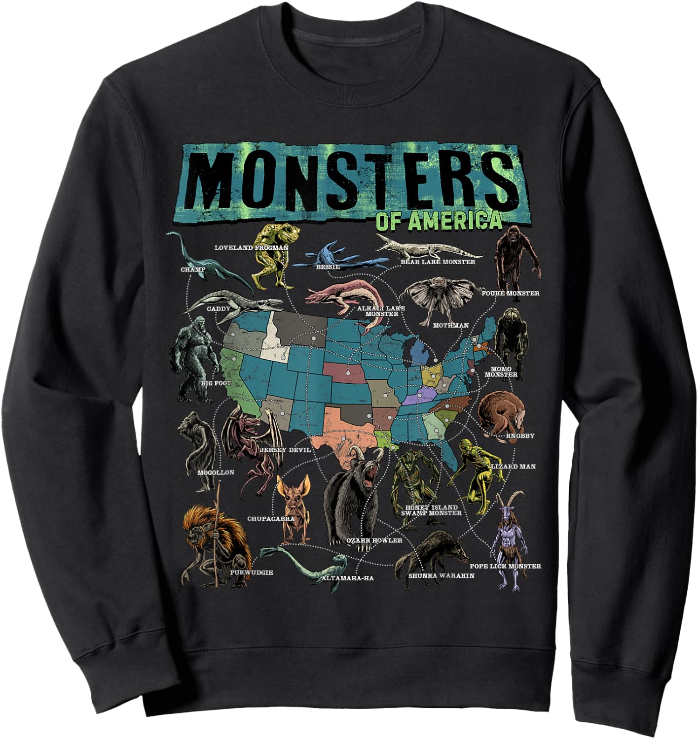 Cryptid Monsters of America Folklore Creature Cryptozoology Sweatshirt - Sweatshirt | Black