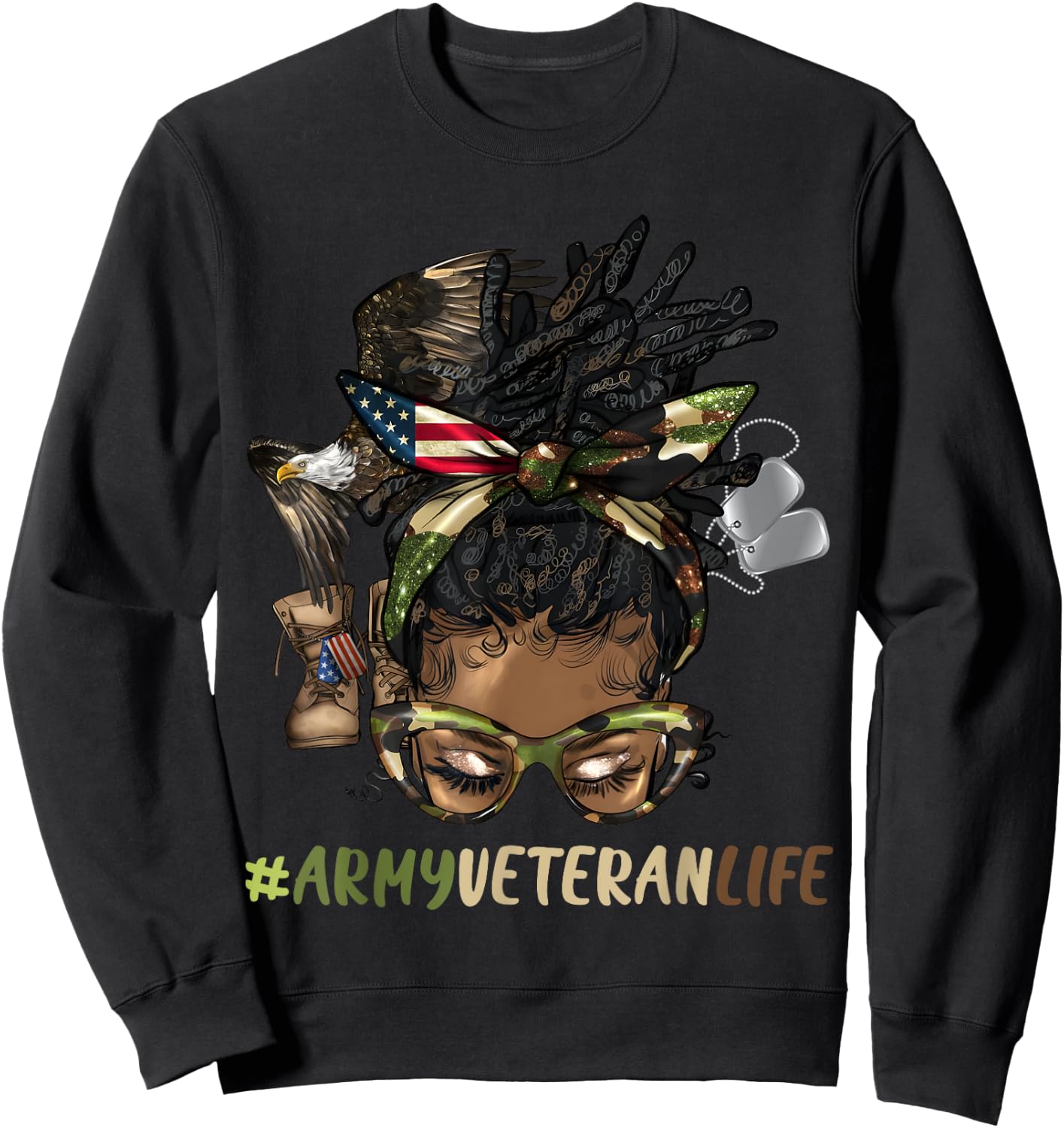 African Afro Messy Bun Loc Army Veteran Soldier Mother Wife Sweatshirt - Sweatshirt | Black