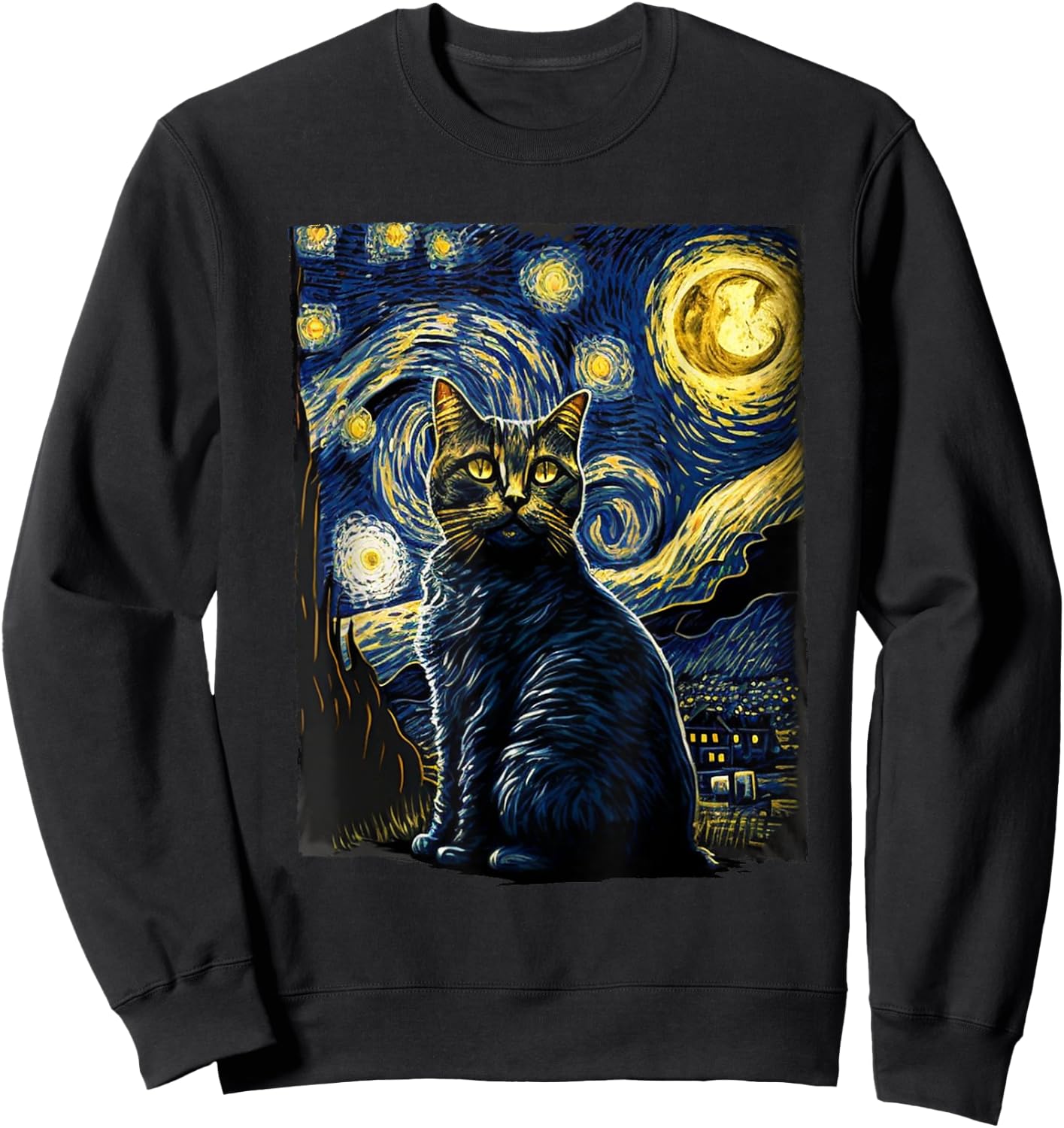 Starry Night Cat Van Gogh Cat Lover Gifts Cat Mom, Cat Dad Sweatshirt - Sweatshirt | Black