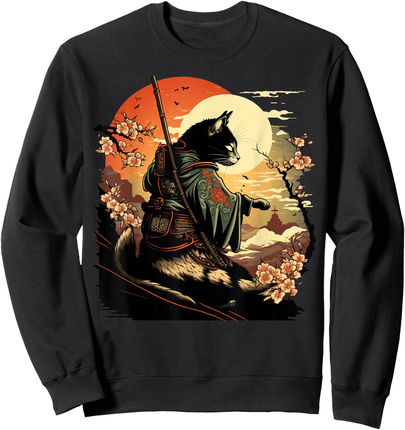 Japanese Art Cat Ninja Ukiyo-e Anime Style Samurai Cat Sweatshirt - Sweatshirt | Black
