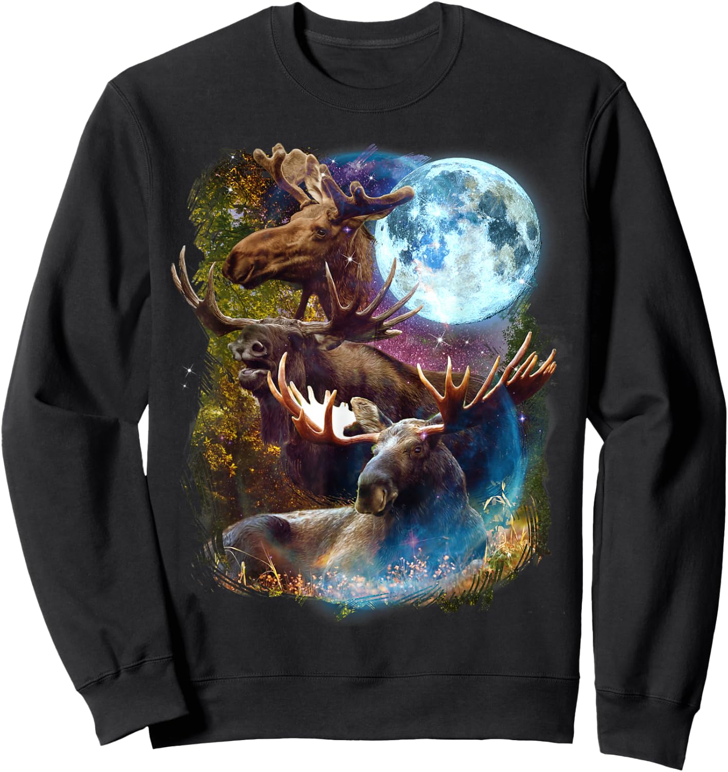 3 Moon Moose Funny Deer Elk Animal Lovers Graphic Novelty Sweatshirt - Sweatshirt | Black