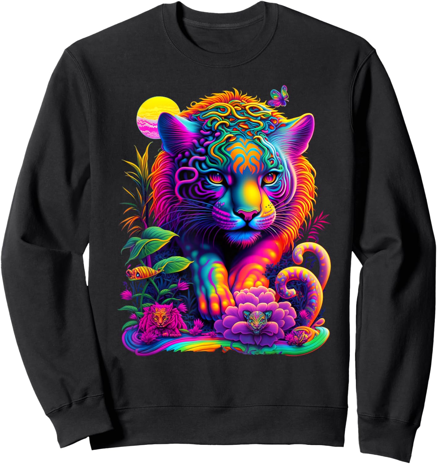 Colorful Rainbow Wild Cat Graphic Sweatshirt - Sweatshirt | Black