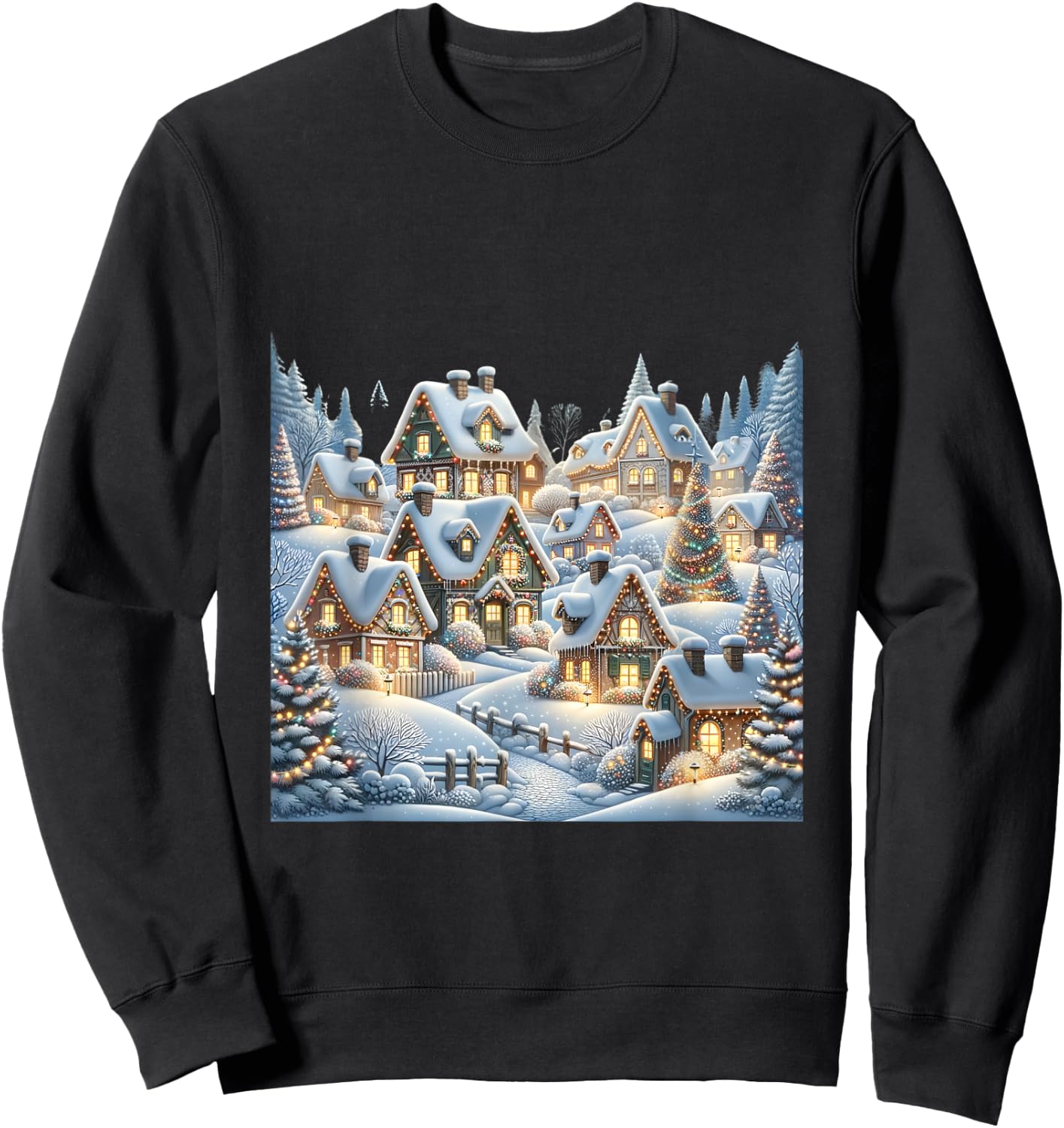 Winter Village Snow Covered Cottages Christmas Lights Scene Sweatshirt - Sweatshirt | Black