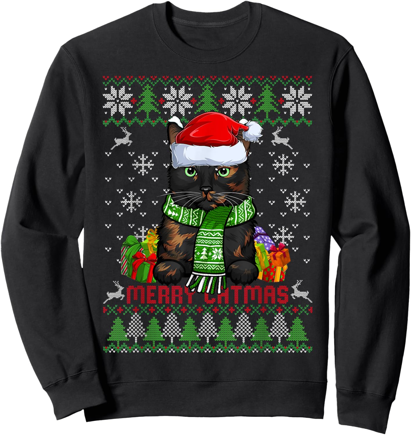 Funny Merry Catmas Tortoiseshell Cat Ugly Christmas Sweater Men Women Kids Sweatshirt - Sweatshirt | Black