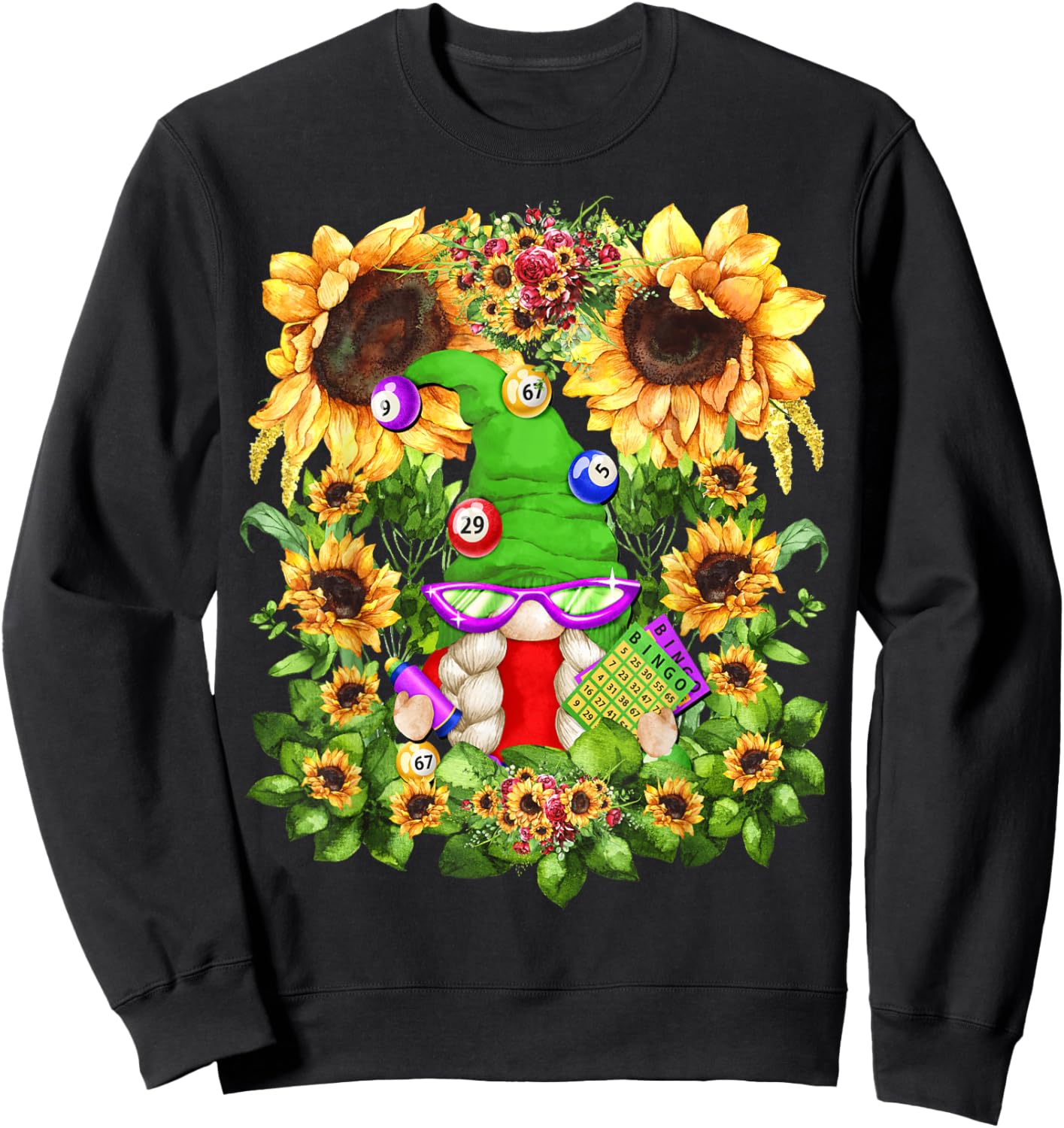 Floral Sunflower Bingo Gnome And Crazy Bingo Lady Sweatshirt - Sweatshirt | Black