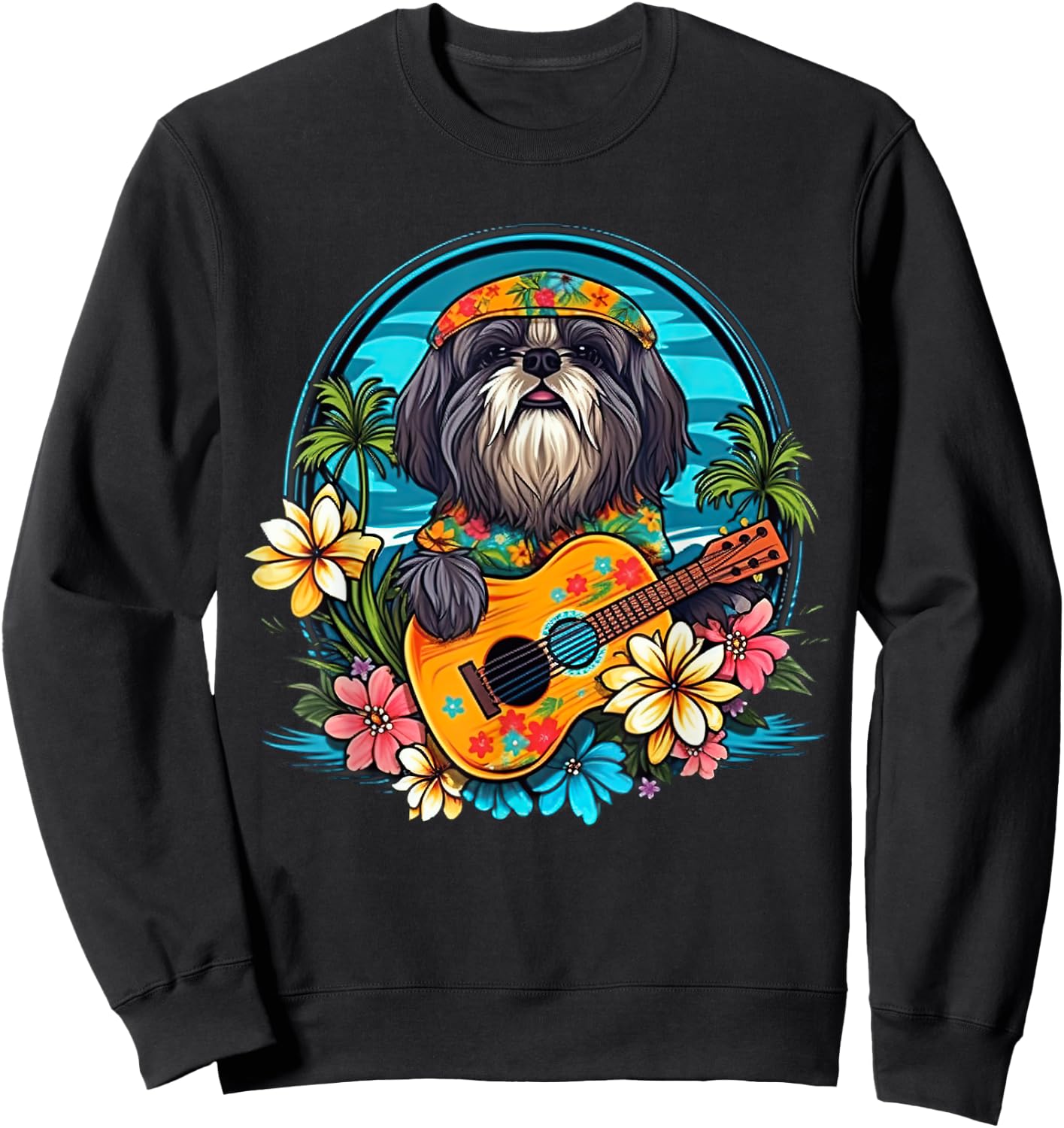 Floral Beach Vacation Shih Tzu Dog Women Kids Sweatshirt - Sweatshirt | Black