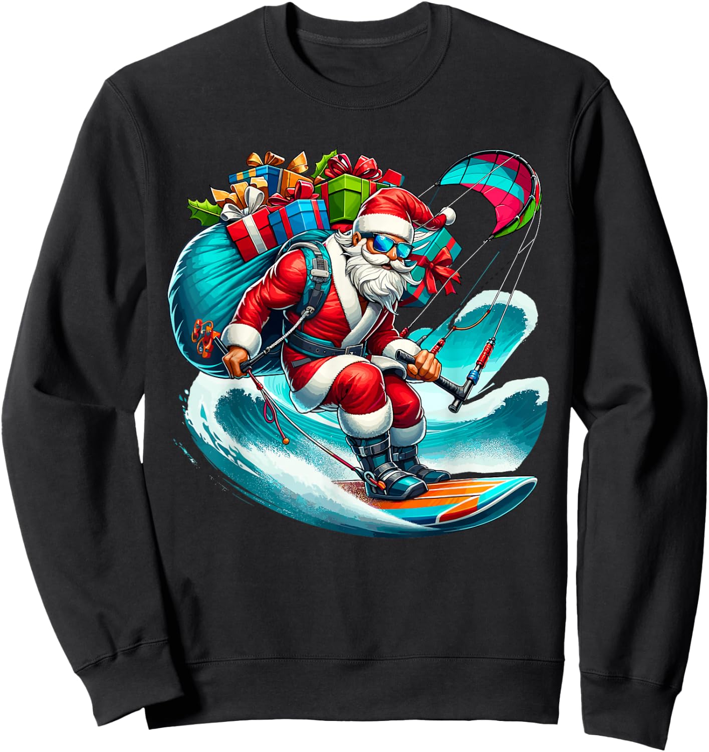 Funny Beach Santa kitesurfing Christmas Santa Surfing Men Women Kids Sweatshirt - Sweatshirt | Black