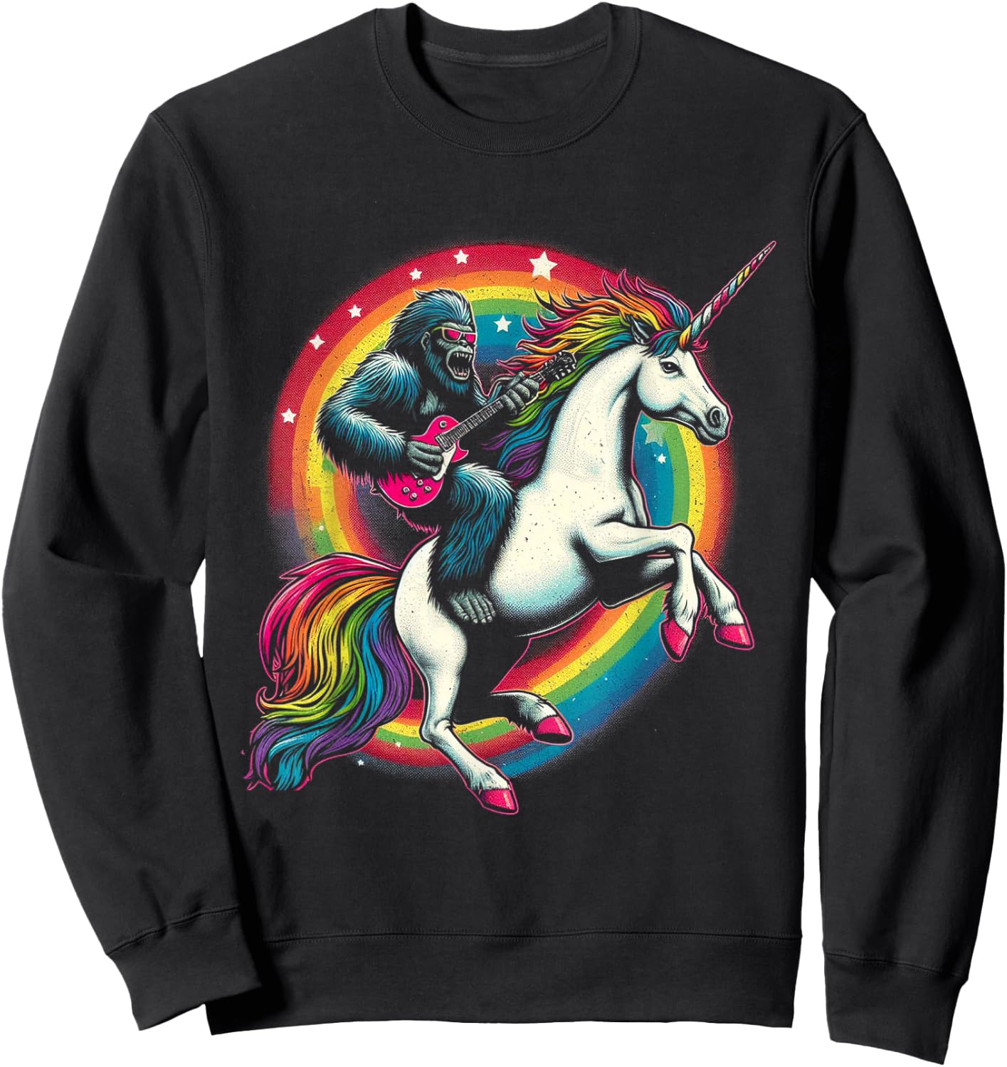 Funny Bigfoot Riding a Rainbow Unicorn Sweatshirt - Sweatshirt | Black
