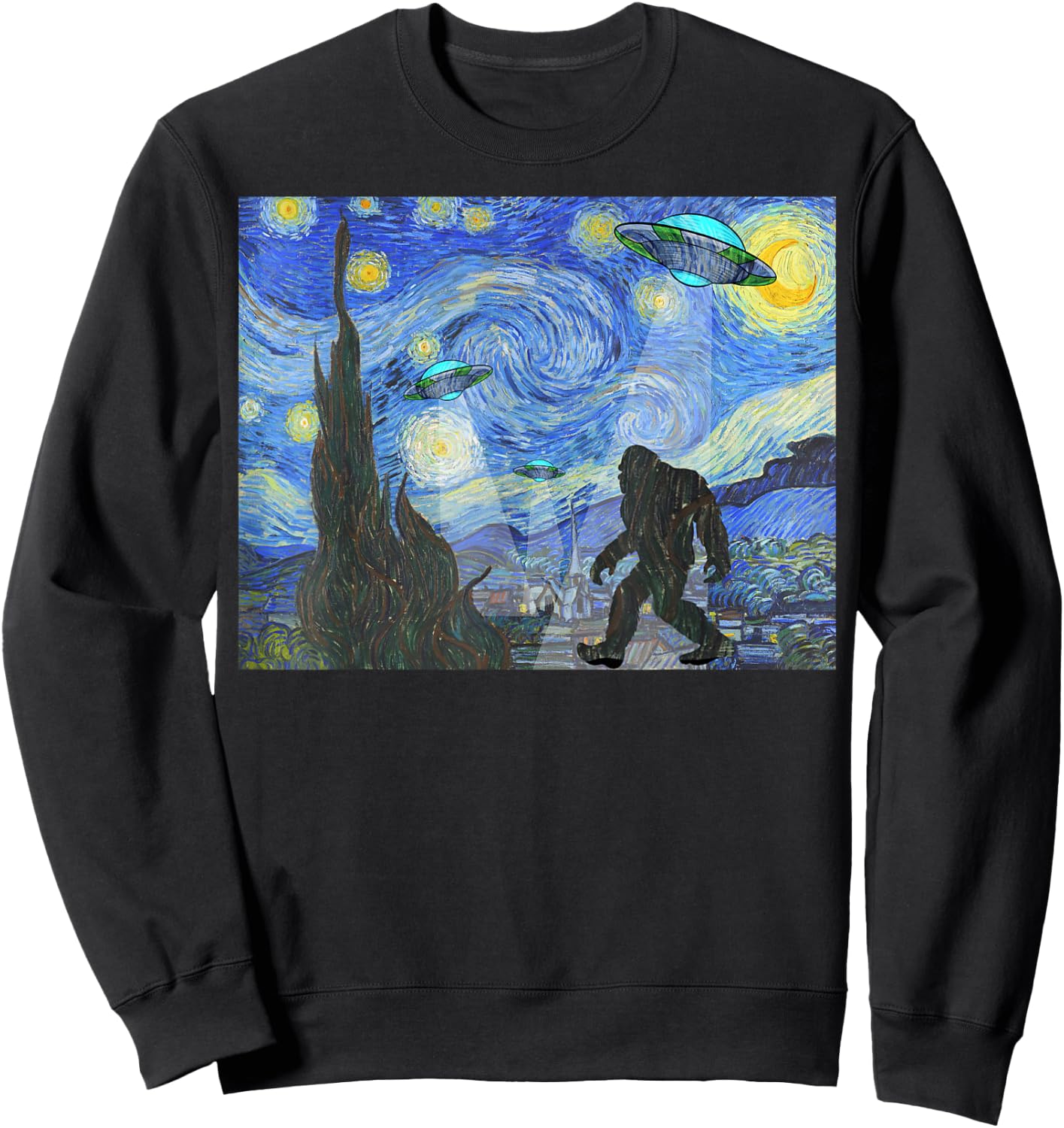 Starry Night Sasquatch And UFO Aliens Bigfoot Graphic Sweatshirt - Sweatshirt | Black