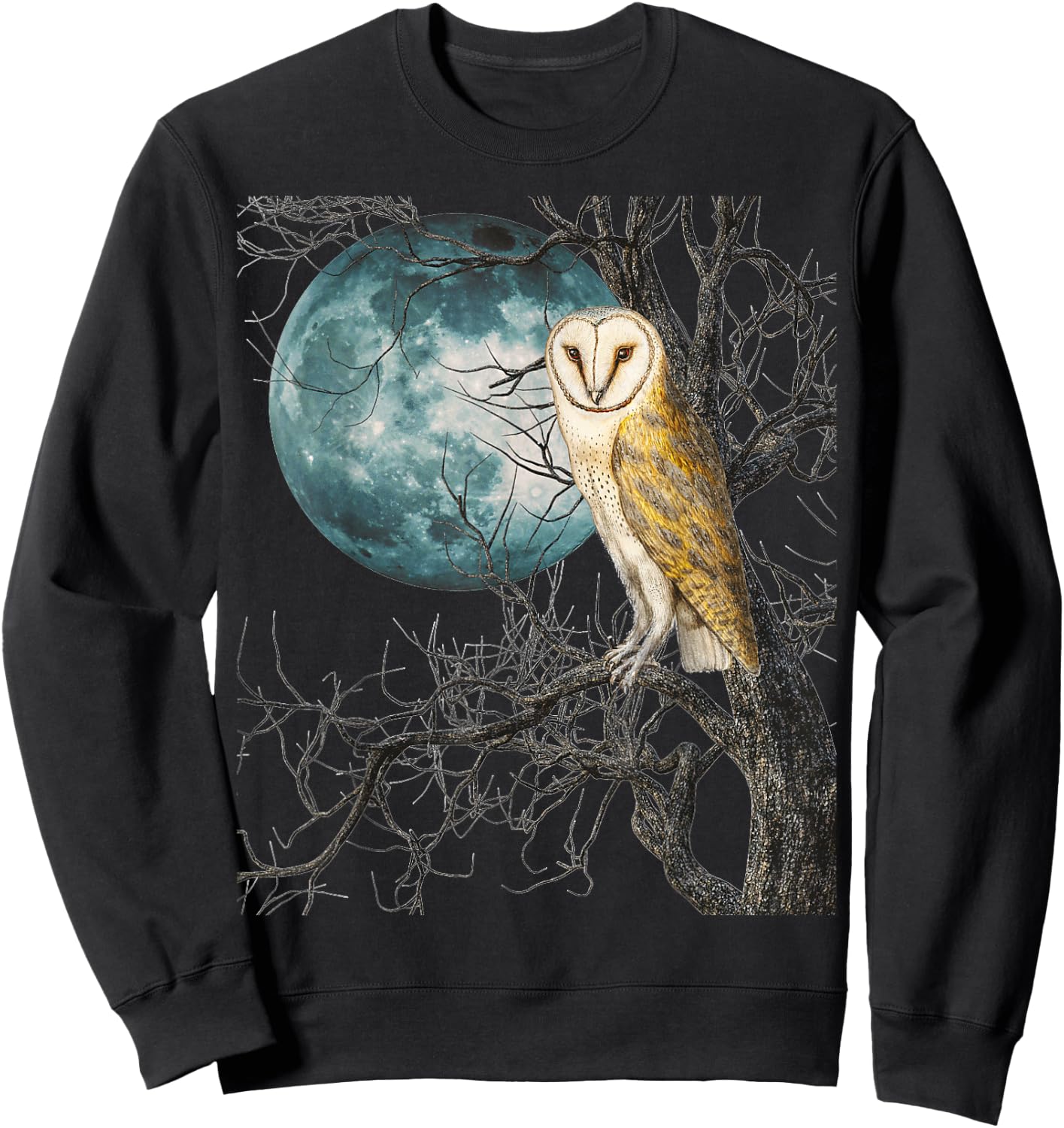 Owl Barn Night Moon Full Vintage Illustration Birder Graphic Sweatshirt - Sweatshirt | Black