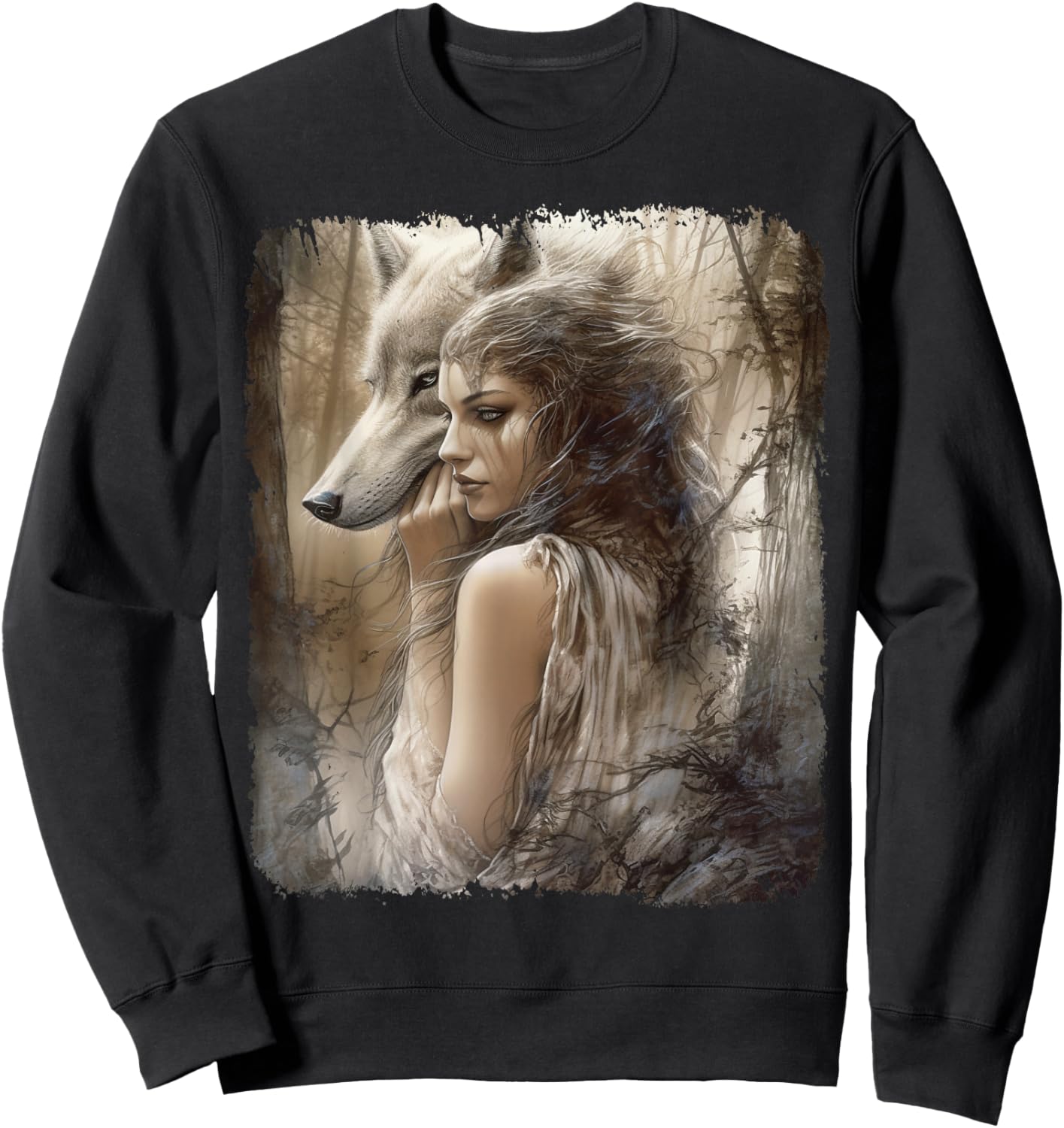 Woman and Grey Wolf in Forest Fantasy Sweatshirt - Sweatshirt | Black