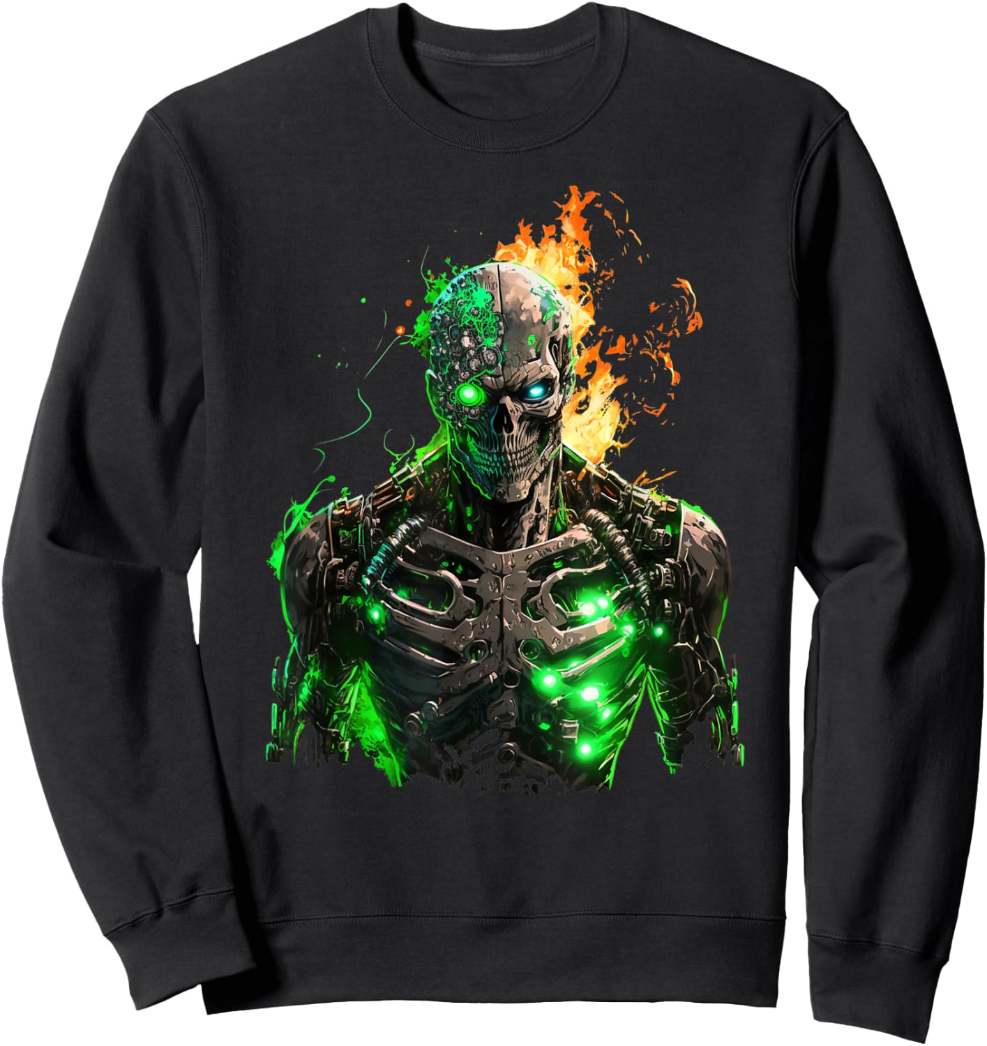 Flaming Skeleton Cyborg Graphic Sweatshirt - Sweatshirt | Black