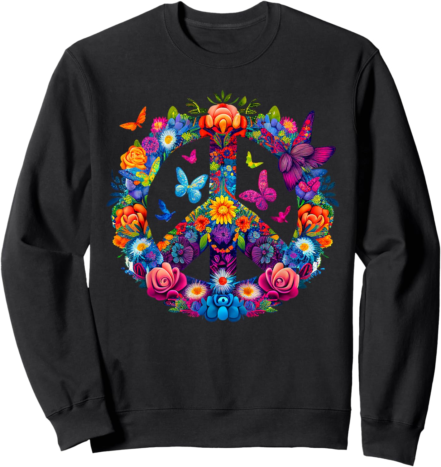 Peace Love 60's 70's groovy Costume Colorful Flowers Sweatshirt - Sweatshirt | Black