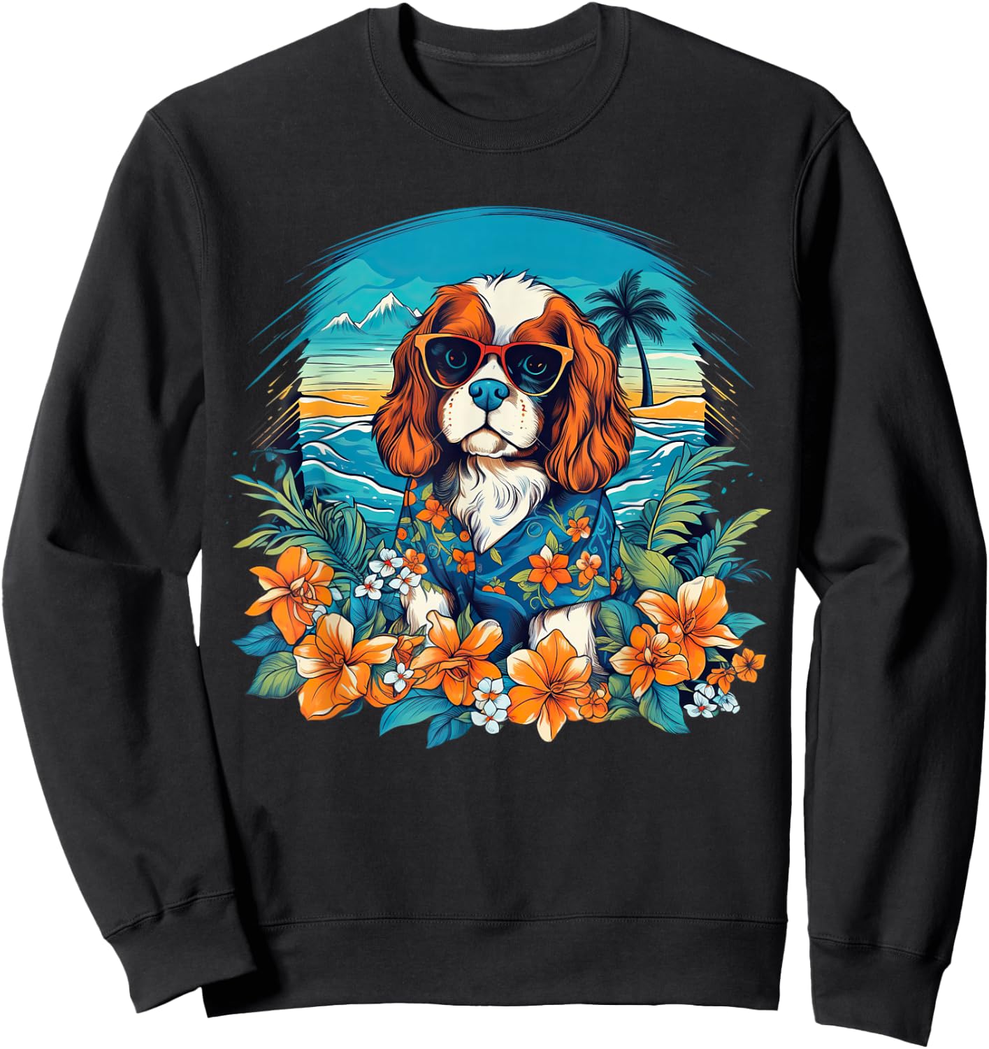 Floral Beach Vacation Cavalier King Charles Spaniel Dog Sweatshirt - Sweatshirt | Black