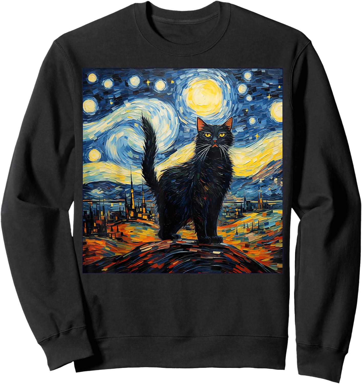 Van Gogh Starry Night Black Cat Gifts for Cats Lover Mom Dad Women Kids Sweatshirt - Sweatshirt | Black