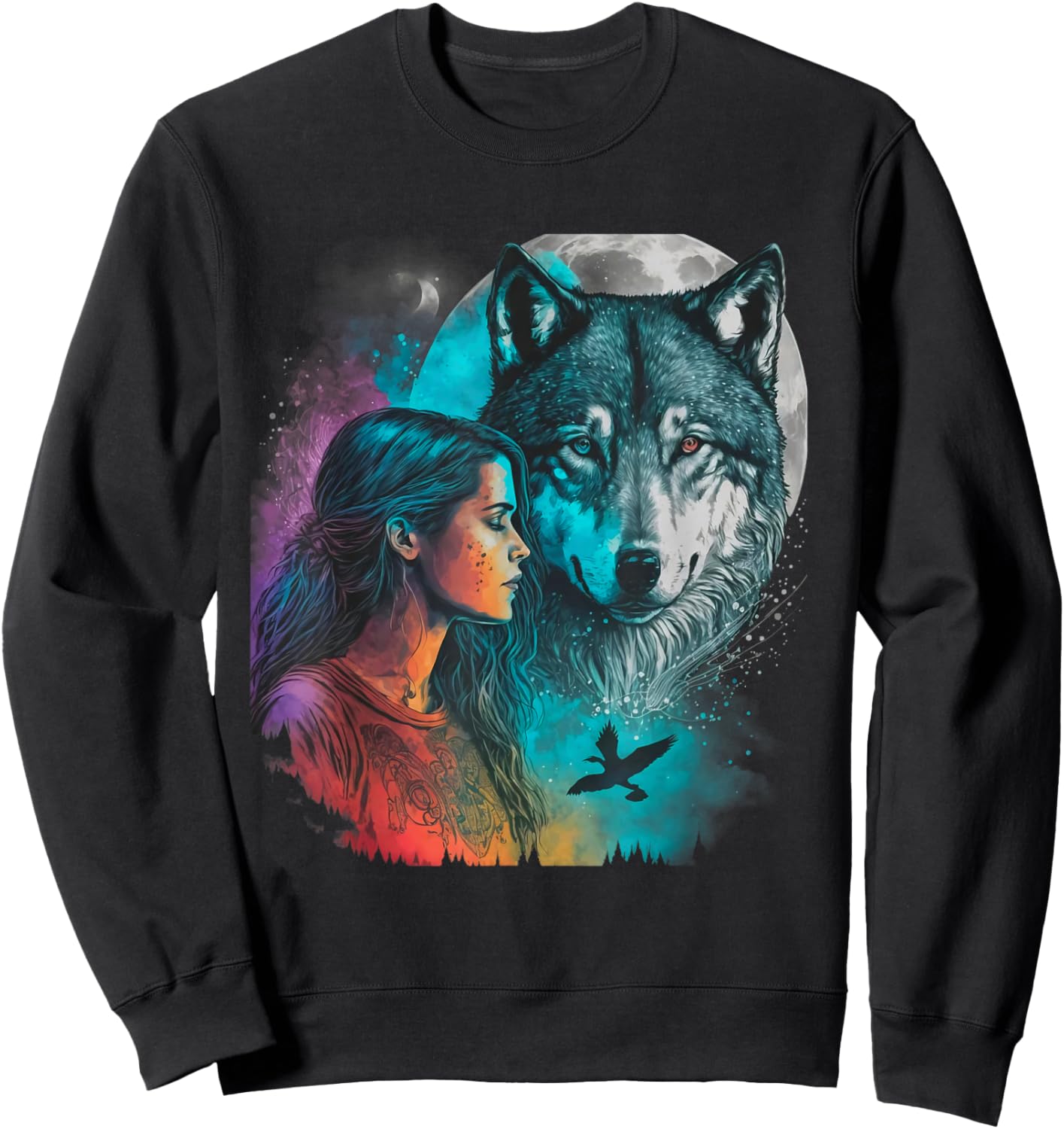 Ethnic Tribal Wolf Boho Feather Native American Hippie Women Sweatshirt - Sweatshirt | Black
