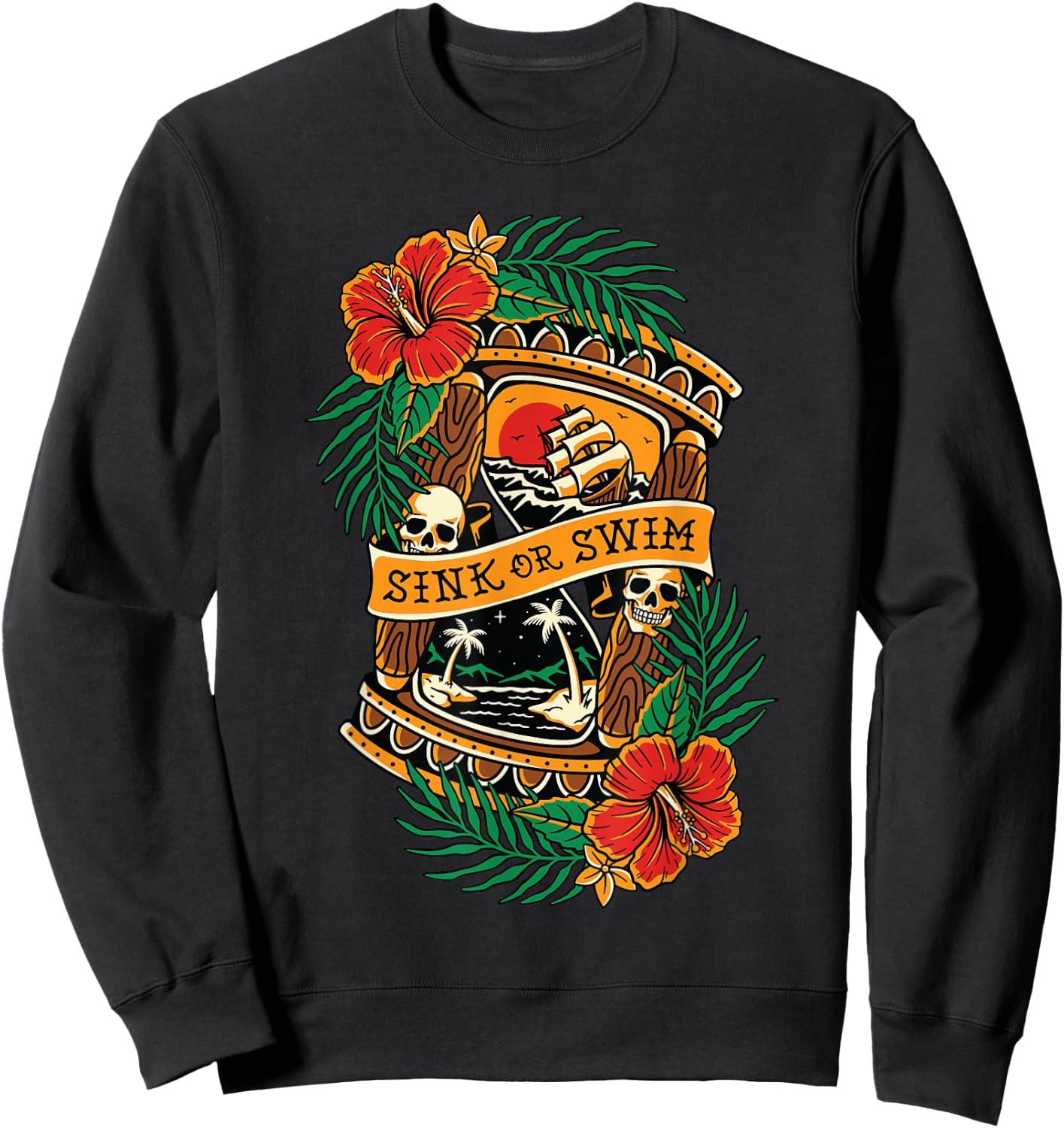 American Traditional Tattoo Old School Flash Skull Hourglass Sweatshirt - Sweatshirt | Black