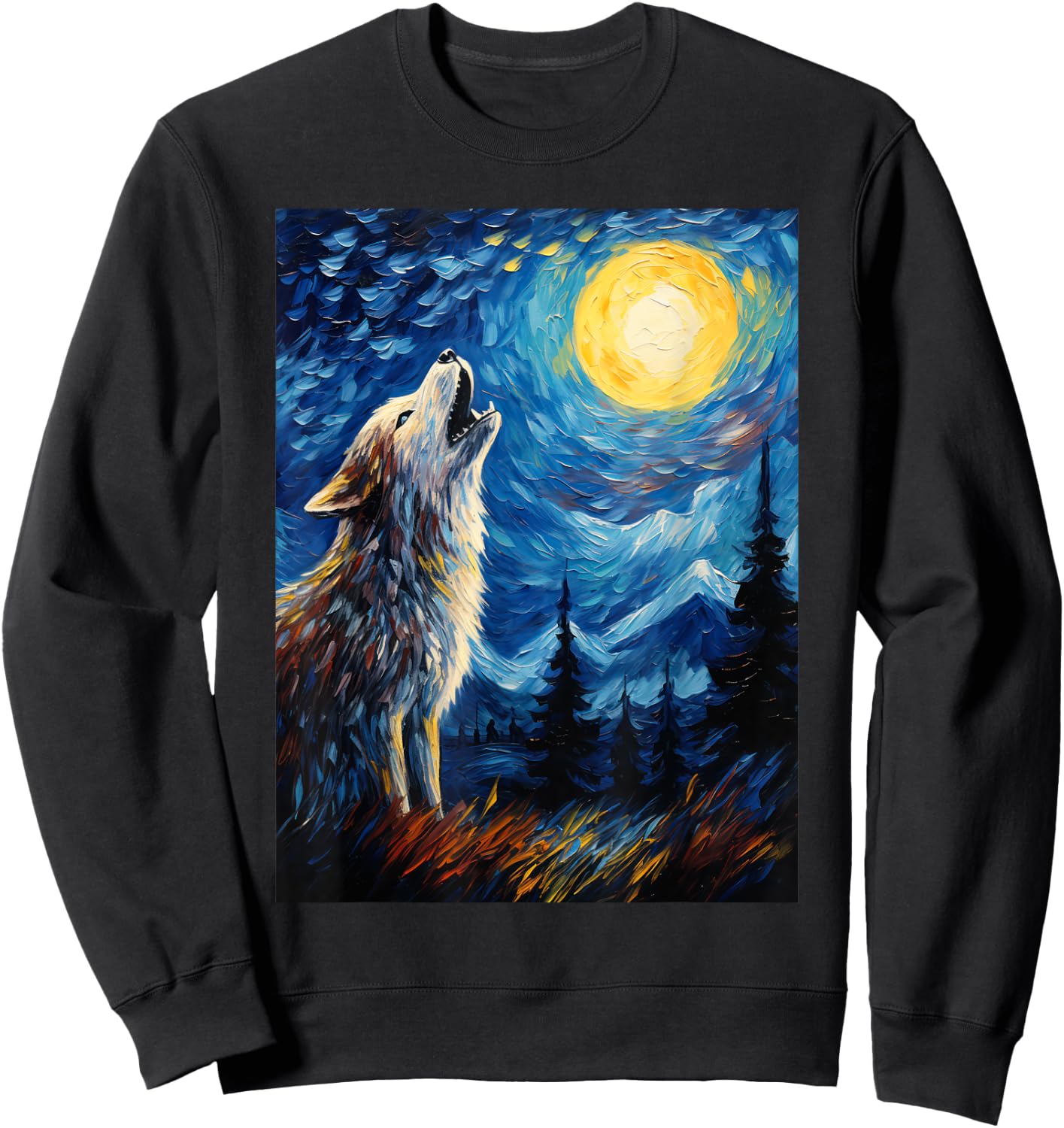 Wolf Starry Night Van Gogh Style Moon Sweatshirt - Sweatshirt | Black
