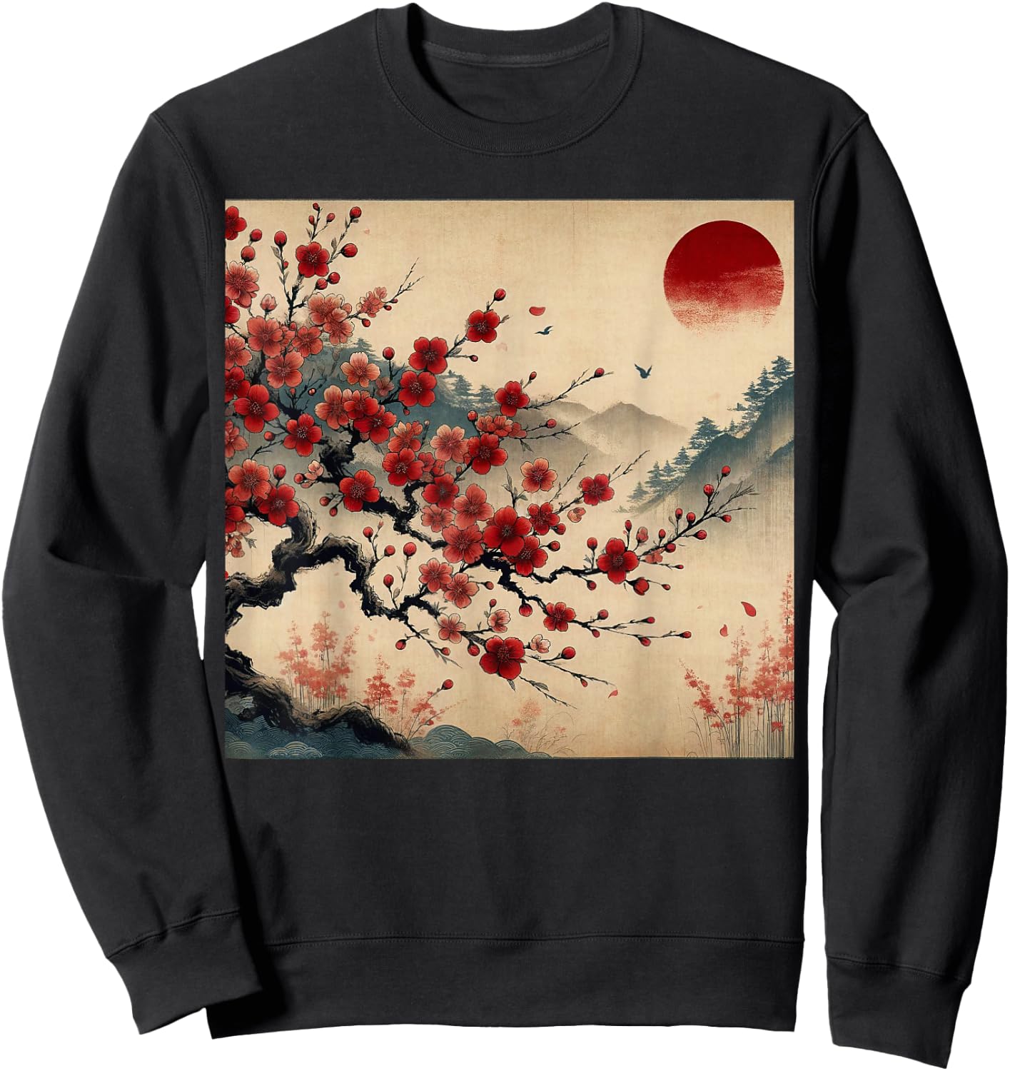 Vintage Cherry Blossom Woodblock Japanese Graphical Art Sweatshirt - Sweatshirt | Black