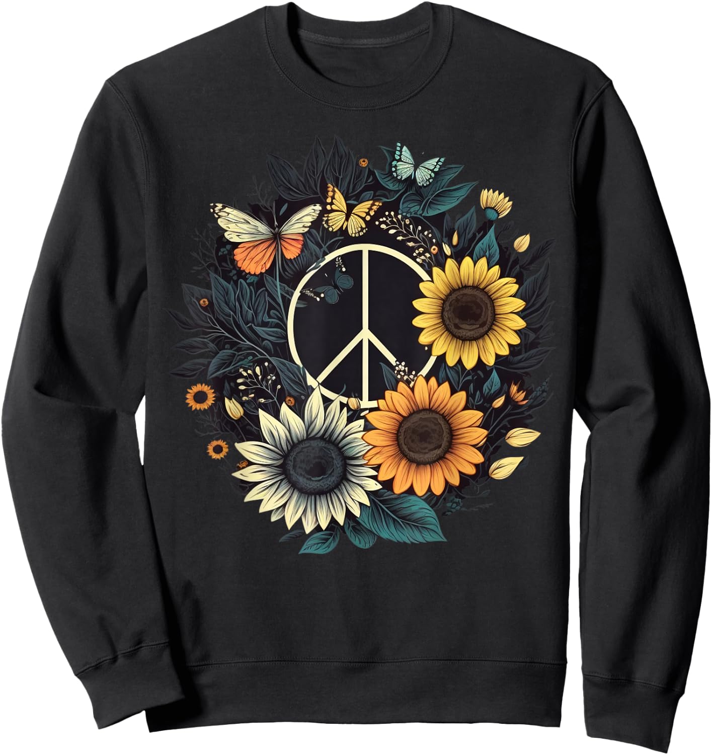 PEACE SIGN LOVE Sunflower on 60s 70s Sunflower Hippie Sweatshirt - Sweatshirt | Black