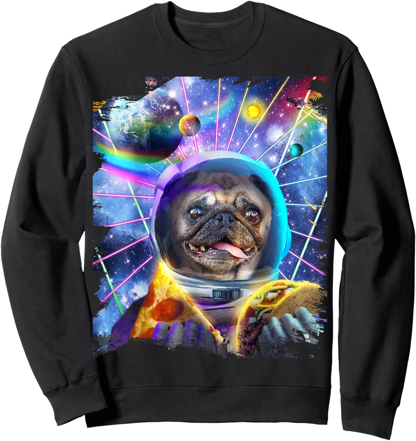 Dog Pug Astronaut In Space Eating Pizza Taco Sweatshirt - Sweatshirt | Black