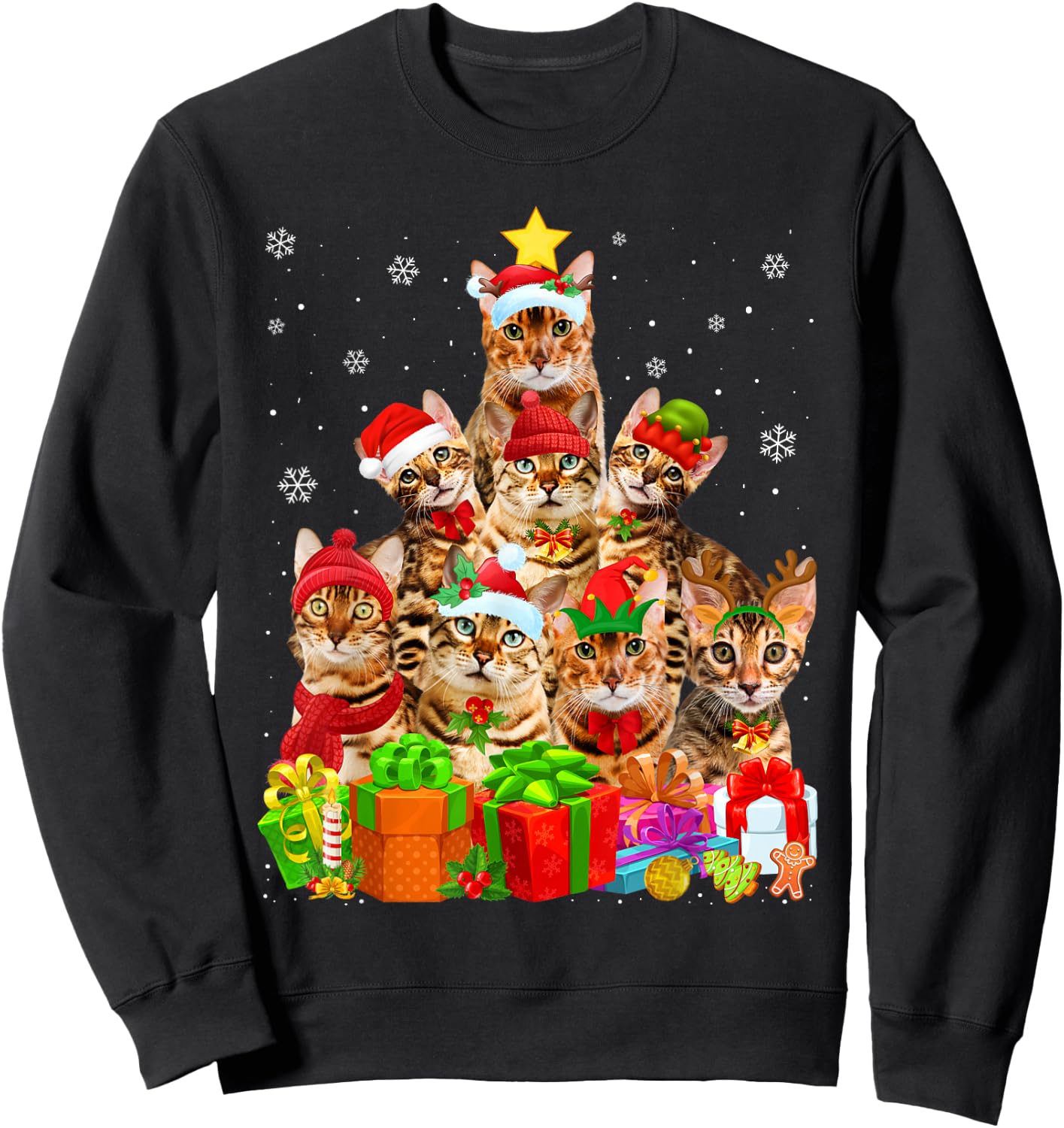Ugly Christmas Sweater Cat Tree Funny Bengal Cat Xmas Sweatshirt - Sweatshirt | Black